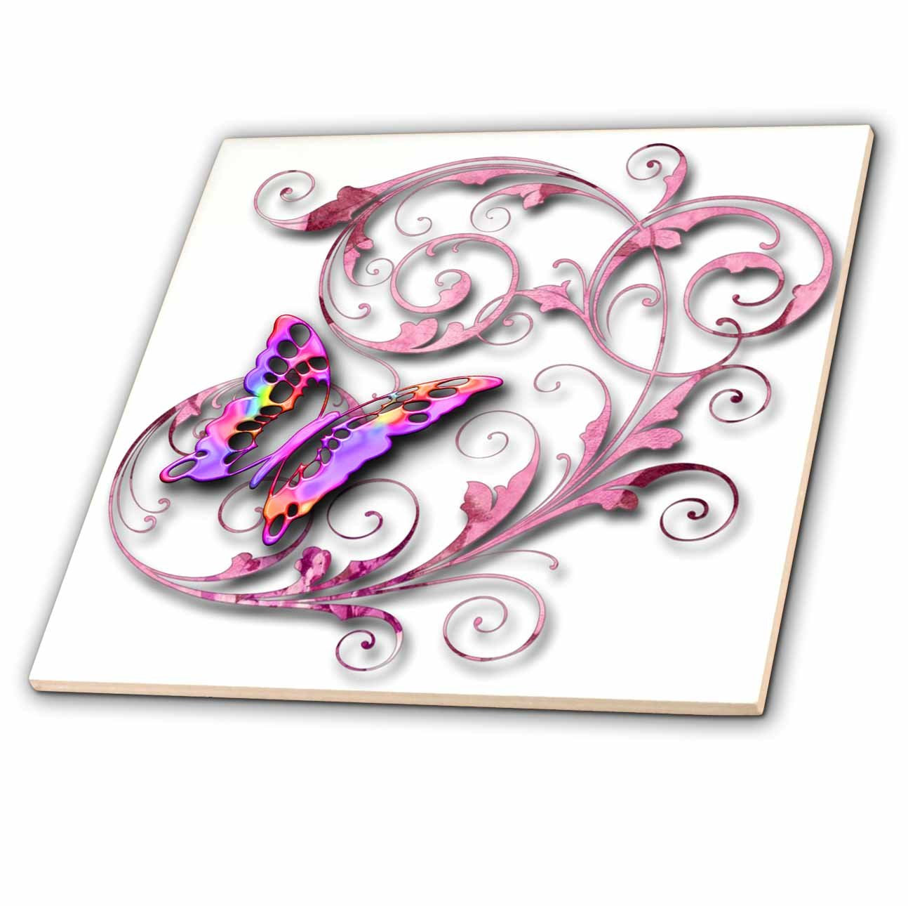 3dRose Golden accented vines and pretty multi colored butterfly - Ceramic Tile, 6-inch (ct_167212_2) Beauty and Personal Care 3dRose