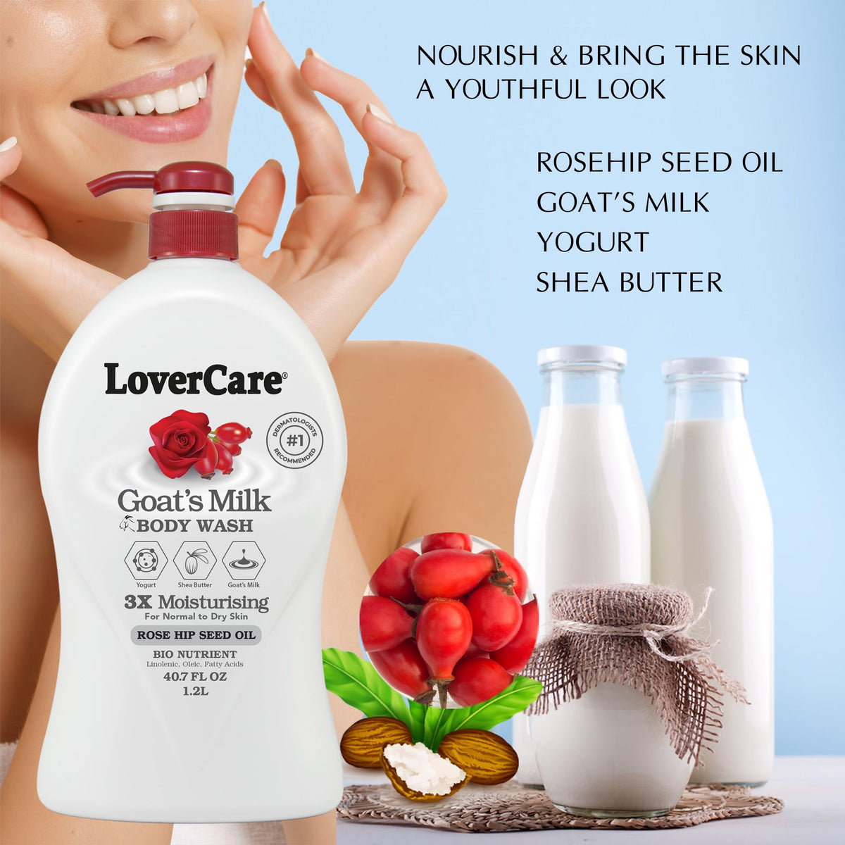 Lovercare Goat's Milk Body Wash Shower Cream 40.7oz/1200ml - Rose Hip Seed Oil Beauty & Personal Care Lovercare