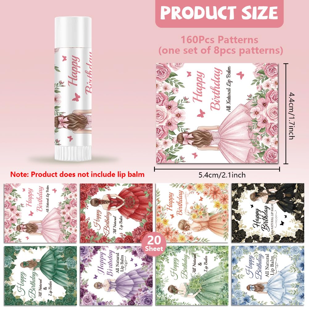 Peacoblue 160Pcs Lip Balm Labels Sticker for Tubes 2.1"x1.7" Girls Birthday Flowers with Wish, 8 Styles Waterproof Chapstick Labels Glossy Beauty and Personal Care peacoblue