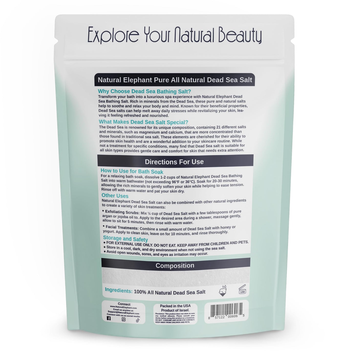 Natural Elephant Dead Sea Salt for Soaking & Bathing - 5 Pound Bag (80oz) - Fine Grain - 100% Natural and Pure Beauty and Personal Care Natural Elephant