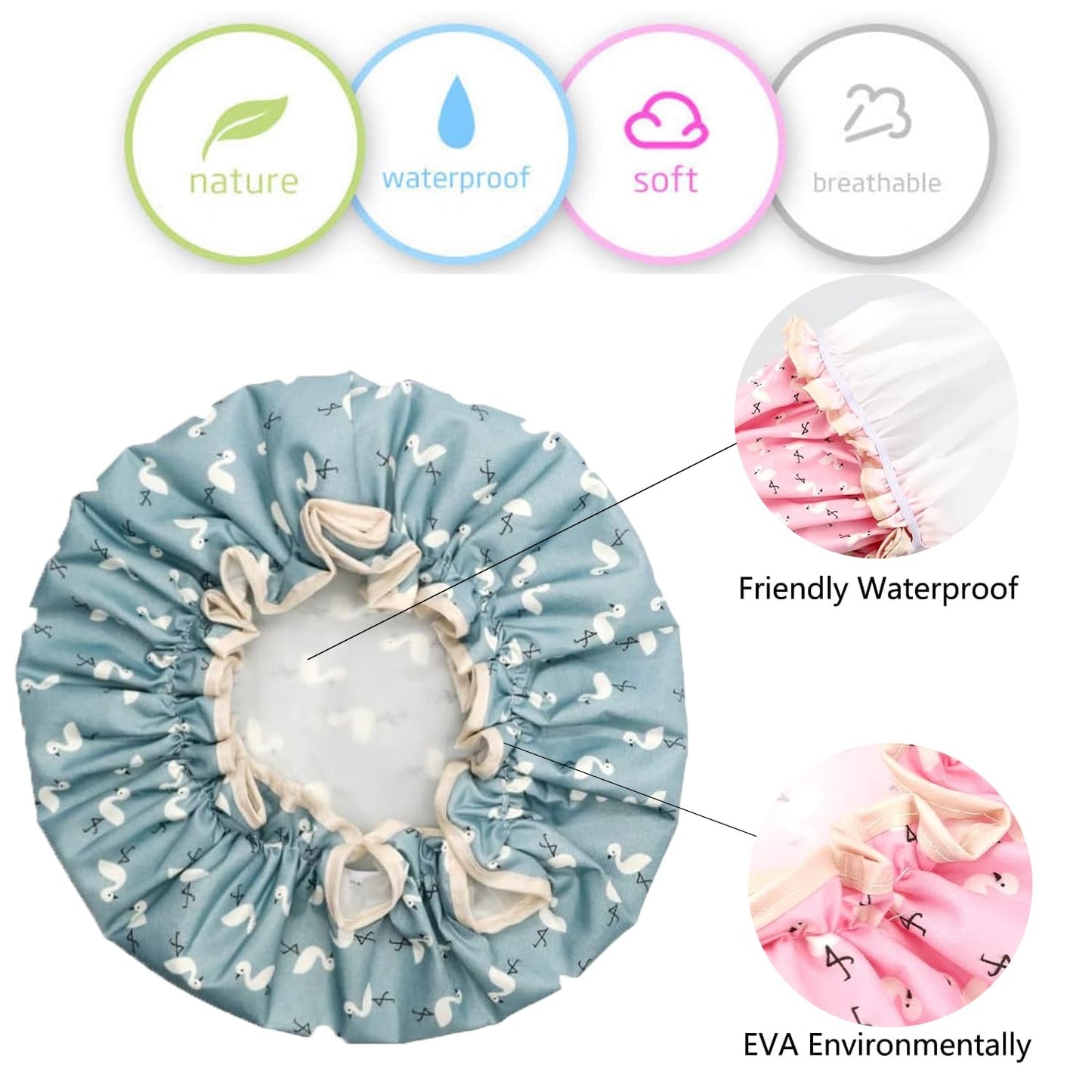 Double Layer Shower Cap for Women Waterproof Reusable Elastic Band, Ruffled Edges Covering Ears for Long, Short & Curly Hair (Blue Bird) Beauty and Personal Care YUNYU