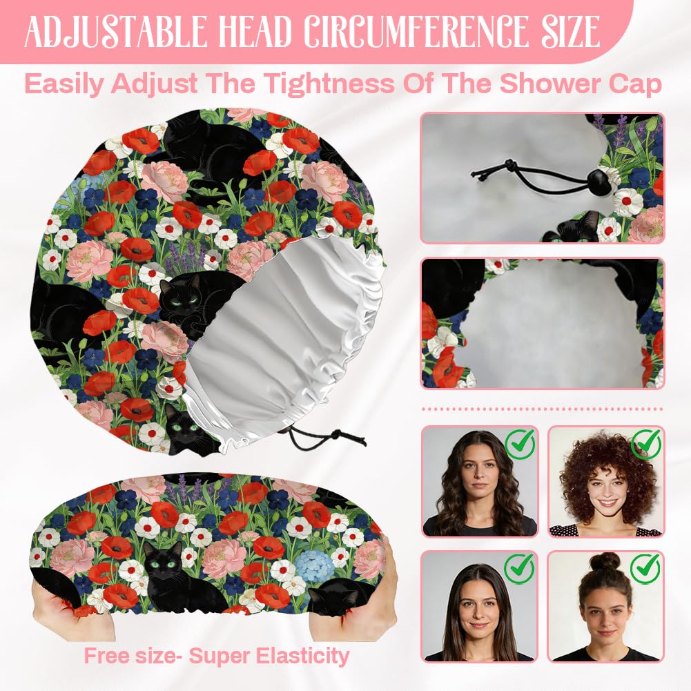 DELORIGIN Black Cat Reusable Shower Cap Flower Double Layer Waterproof Shower Caps Large Elastic Hair Cover Adjustable Hair - Drying Caps for Woman Beauty and Personal Care DELORIGIN