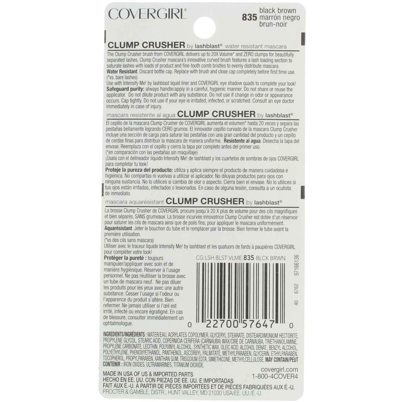 CoverGirl Lashblast Clump Crusher Black Brown 835 Water Resistant Mascara -- 3 per case. Beauty & Personal Care COVERGIRL