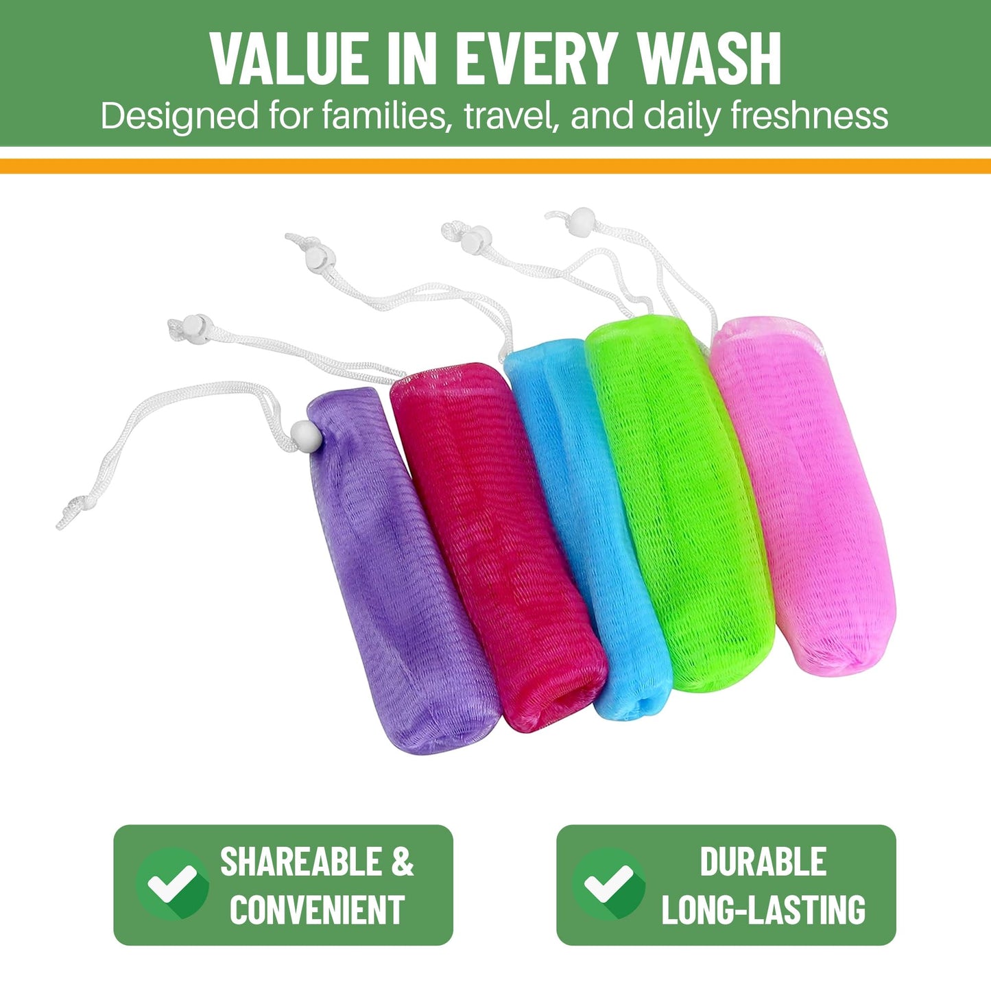 Evelots Exfoliating Mesh Loofah Soap Pouches - 5 Pack - Bath, Shower Body Facial Cleaning Scrubbers - Removes Dead Skin - Hanging Cord - Extend Beauty and Personal Care Evelots