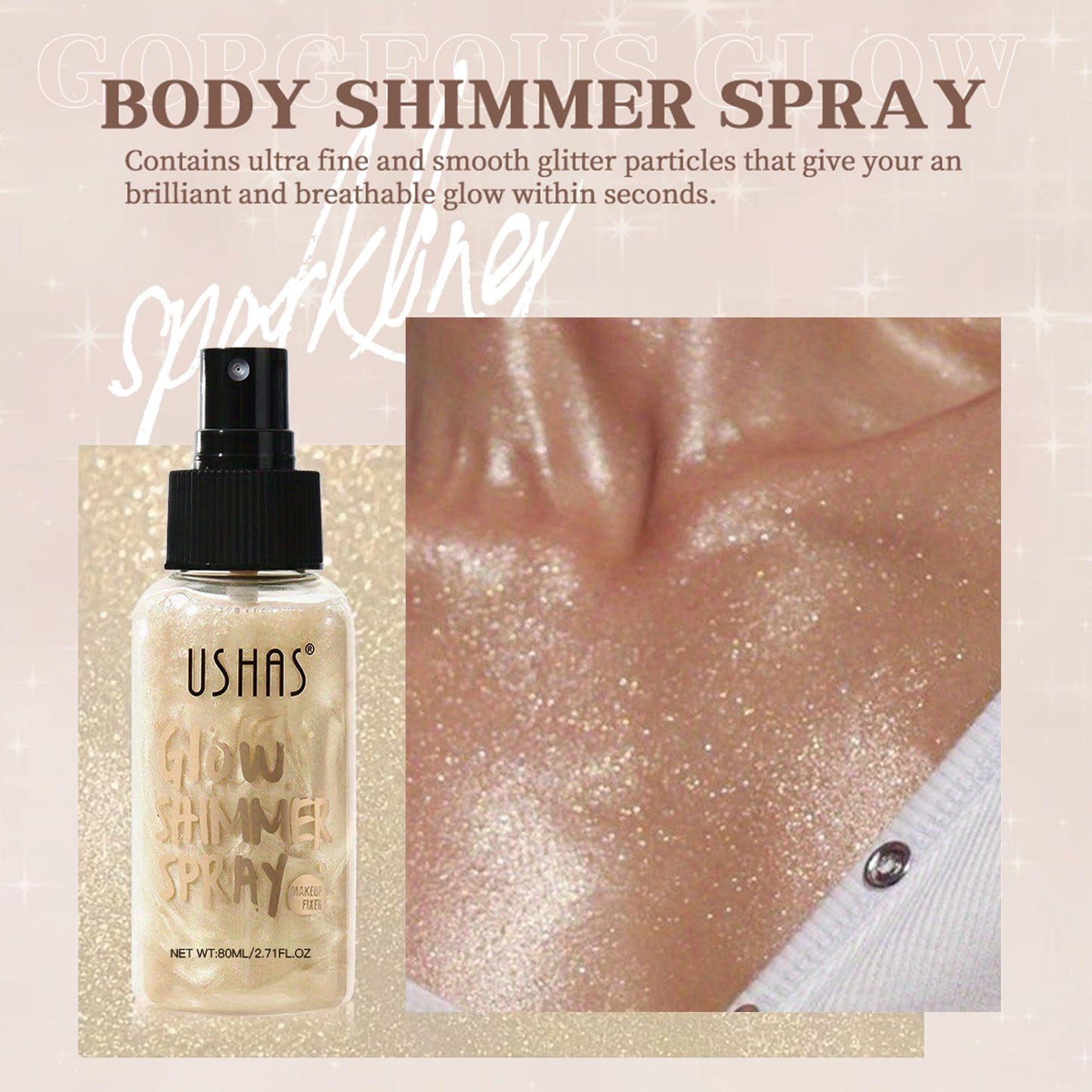 Body Glitter Spray, Body Shimmer Spray Quick Drying Body Glow Shimmer Long-Lasting Shiny Glitter for Women Men for Party, Concert 2.6 Fl Oz. (Light Beauty & Personal Care BRIMFULITE