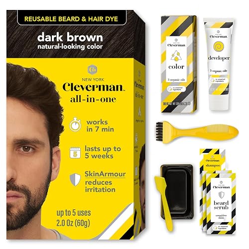 Reusable Hair & Beard Dye for Men - Dark Brown 3.1 | Up to 5 Uses, 7 Minutes | Natural Gray Coverage, No-Drip Cream with SkinArmour® - Cleverman Beauty & Personal Care CLEVERMAN