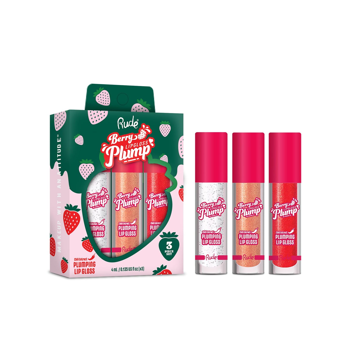 RUDE Berry Plump Plumping Lip Gloss Trio Set, High-Shine, Non-Sticky, Hyaluronic Acid, Shea Butter, Vitamin E, Vegan, 3 Piece Value Bundle (Crystal Beauty & Personal Care RUDE