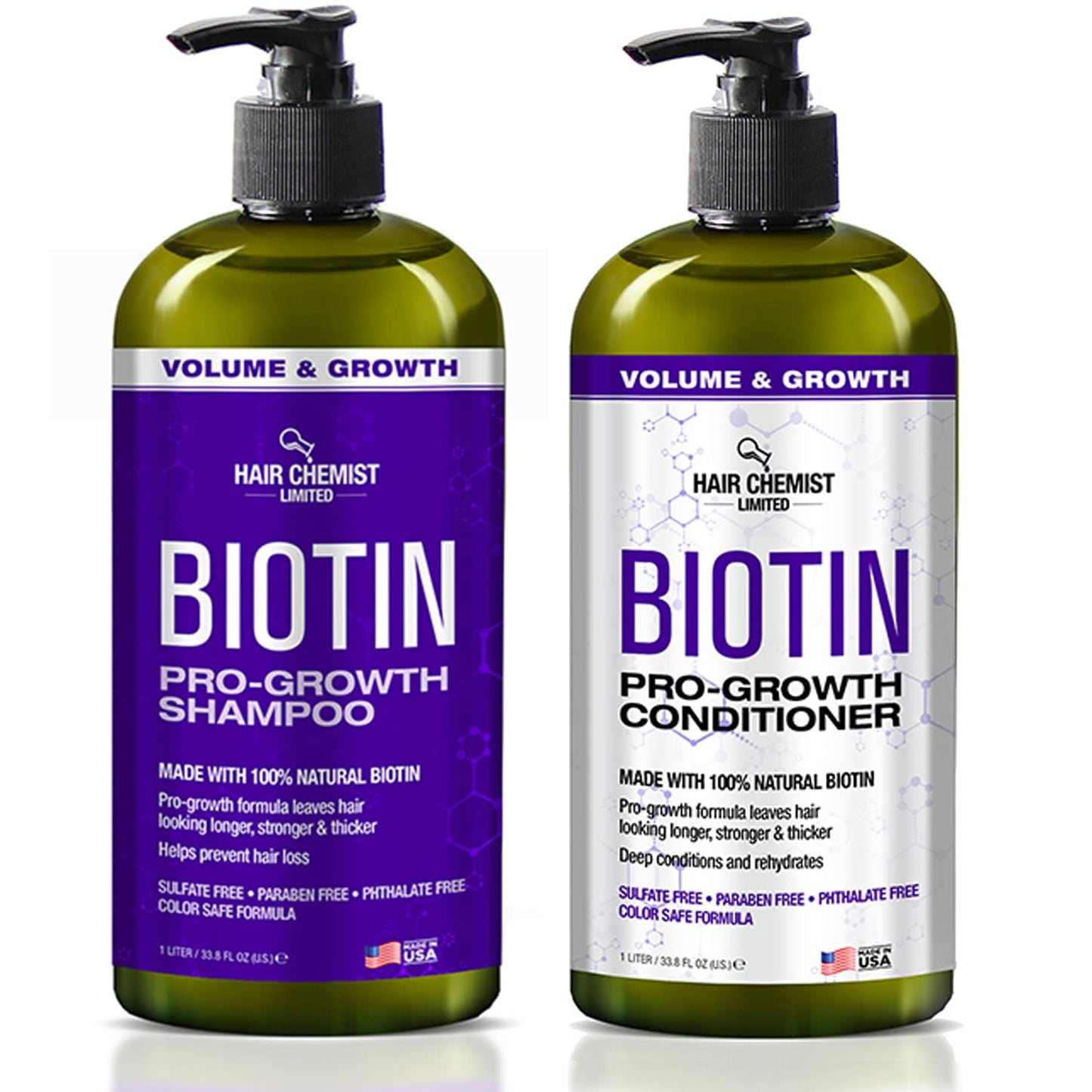 Hair Chemist Pro-Growth Shampoo & Conditioner Set with Biotin - Includes 33.8oz Shampoo & 33.8oz Conditioner Beauty & Personal Care Hair Chemist