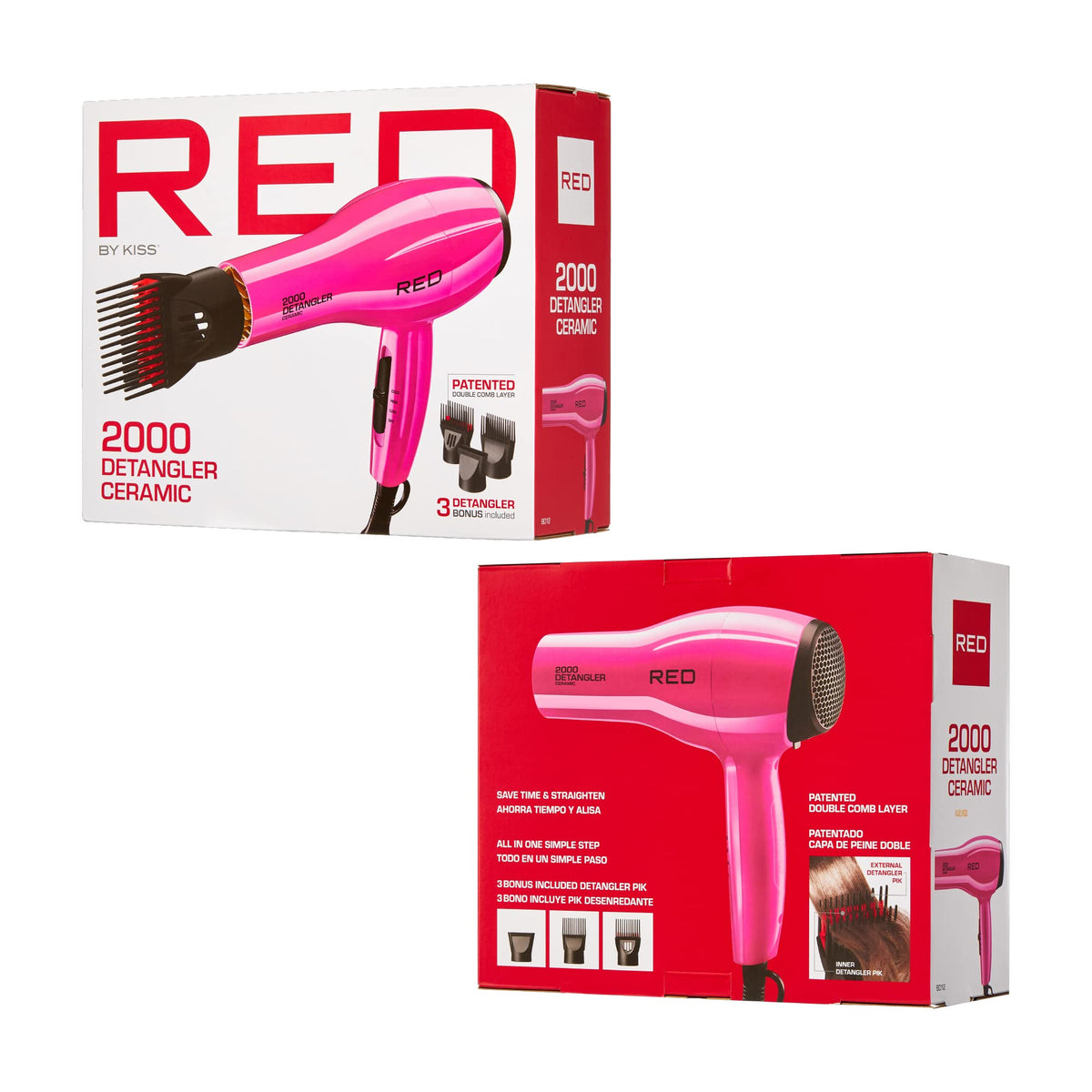RED by KISS 2000 Ceramic Hair Dryer, Professional Salon Blow Dryer, 2 Detangler Pik Attachments, Tourmaline Technology, 3 Heat Settings, Easy Storage