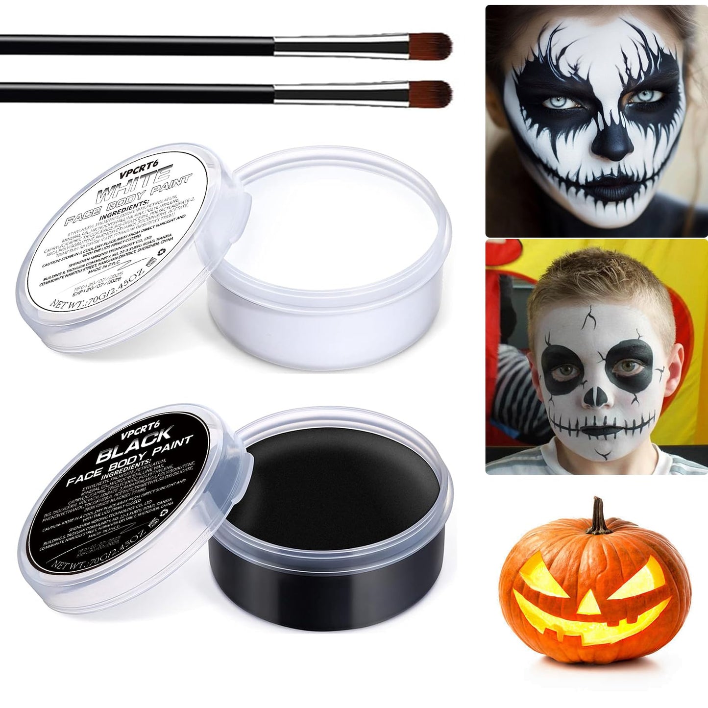 Halloween White Black Oil Face Body Paint Set, Halloween Skeleton Makeup Kit with 2 Brushes, Professional Black White Face Body Painting Kit Beauty & Personal Care VPCRT6