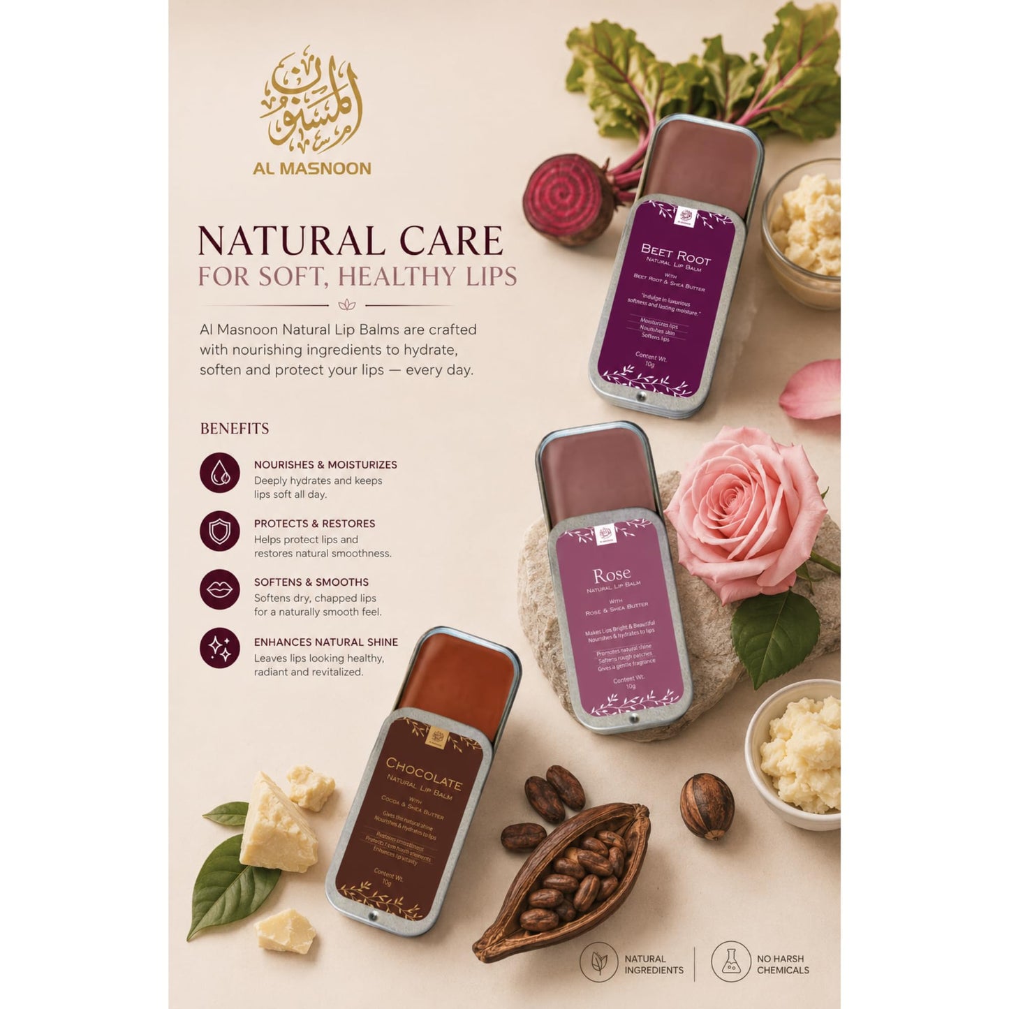 AL MASNOON 100% Natural Beetroot,Rose & Chocolate Lip Balm with Shea Butter & Beetroot Extract - Nourishing & Moisturizing 10g Pack, No Color Added Beauty and Personal Care al masnoon