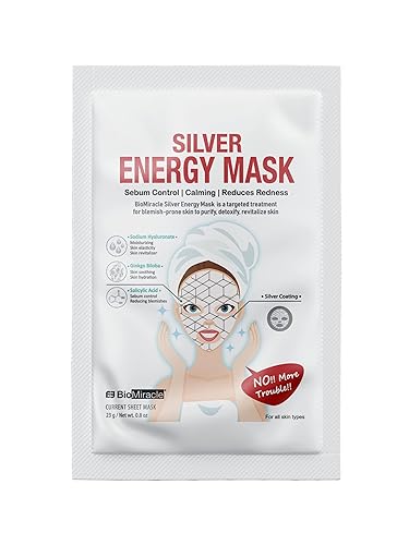 BioMiracle Silver Energy Mask with Sodium Hyaluronate, Ginkgo Biloba, Salicylic Acid for blemish-prone skin to purify, detoxify, revitalize skin Beauty & Personal Care BioMiracle