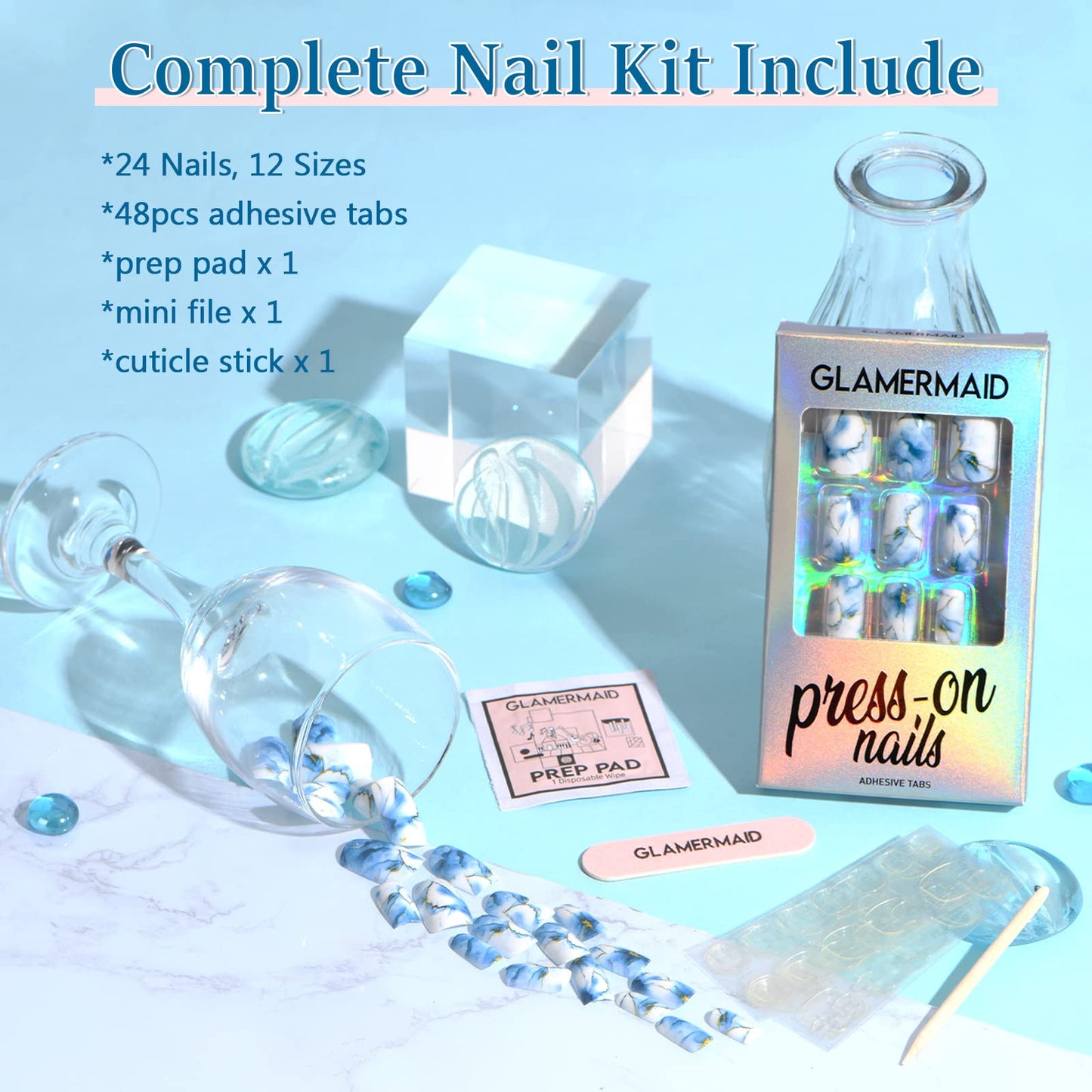 Marble Press on Nails Short Square GLAMERMAID, Blue Gold Acrylic Fake Nails with Design Luxury Stick Glue on Nails Reusable Glossy False Nail Sets Beauty & Personal Care GLAMERMAID