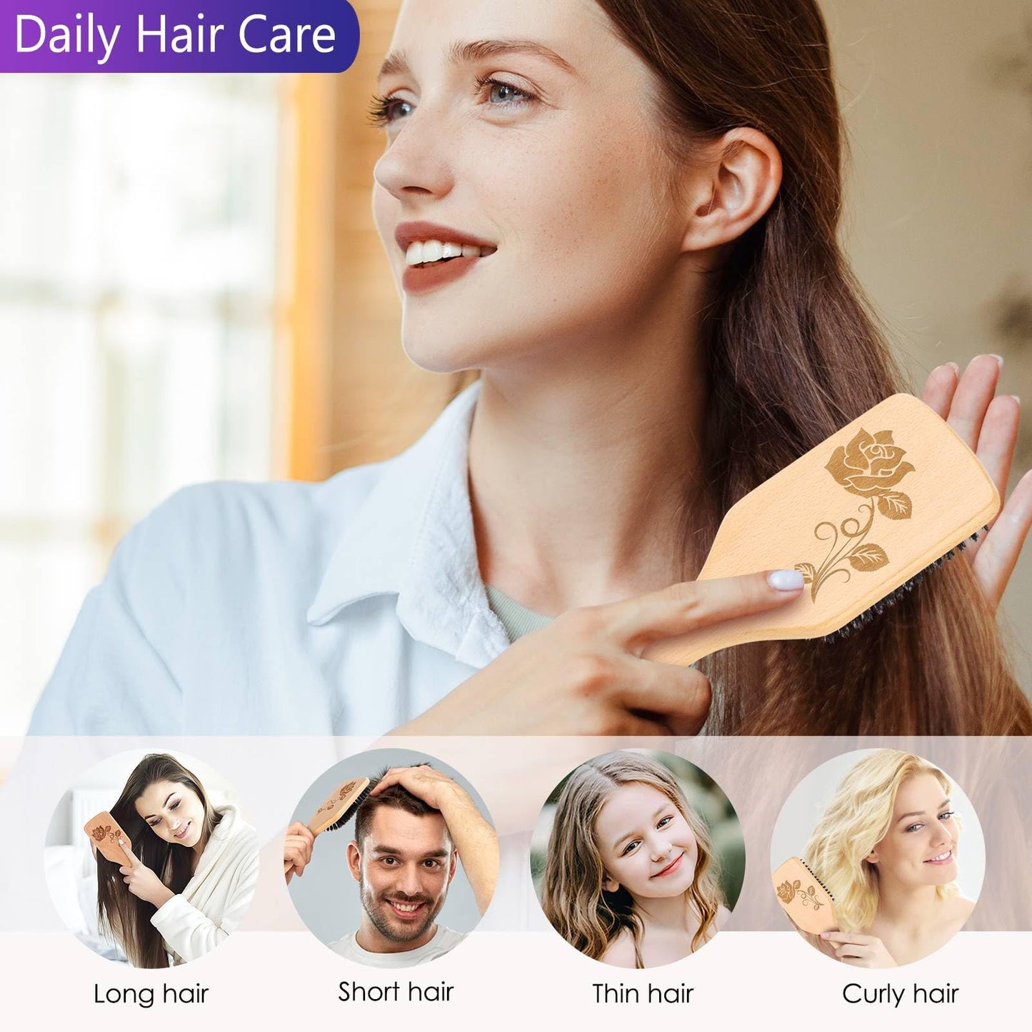 Bsisme Hair Brush-Boar Bristle Hairbrush with Detangling Pins Wooden Paddle Detangler Hairbrush for Women Men Reduce Frizz Dry Restore Natural Shine Beauty & Personal Care Bsisme