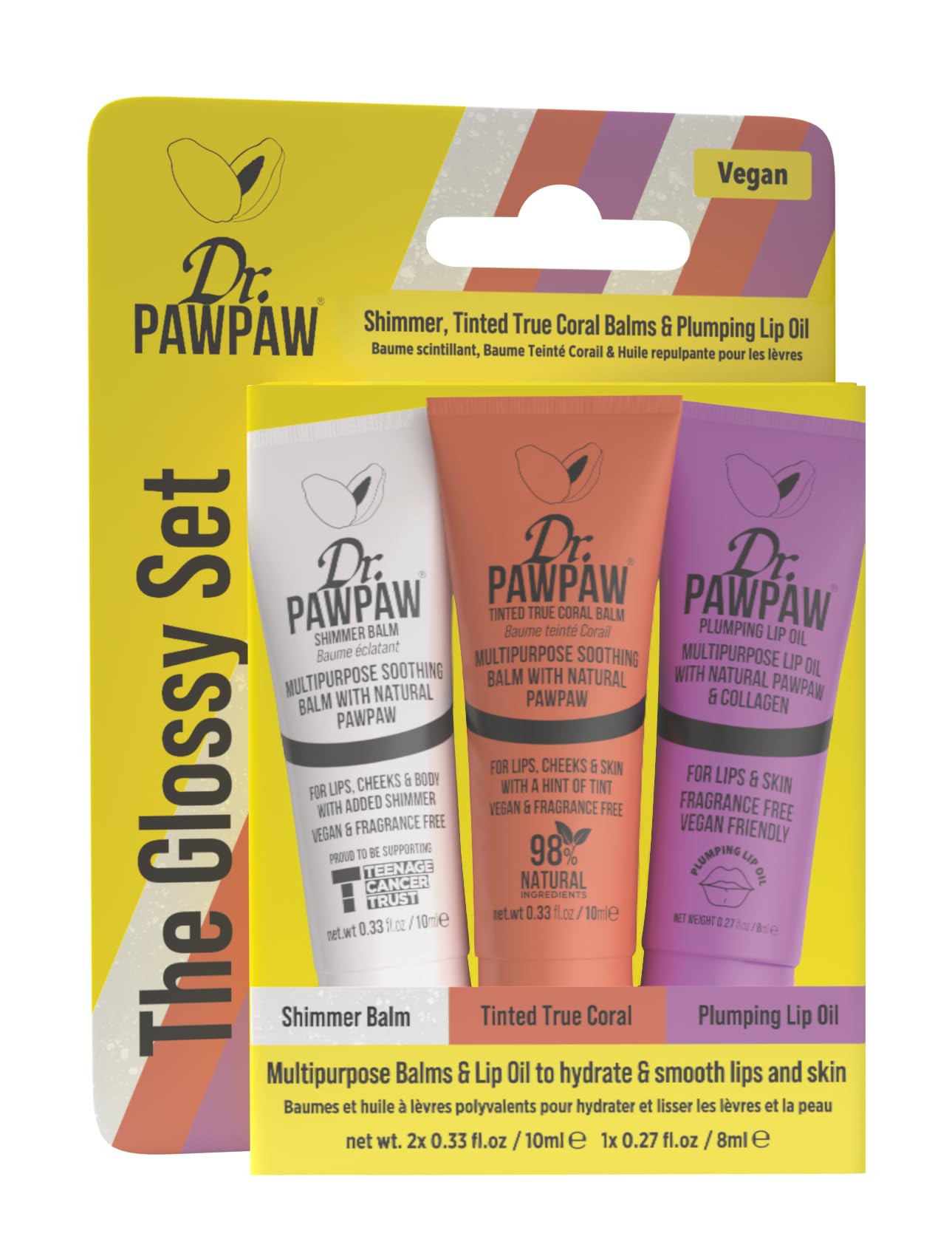 Dr. PawPaw Glossy Set - Lip Balm and Oil Giftset - Nourish and Moisturize with Olive Oil and Aloe Vera - Improve Elasticity with Collagen - 3 pc Beauty and Personal Care Dr. PAWPAW ORIGINAL BALM