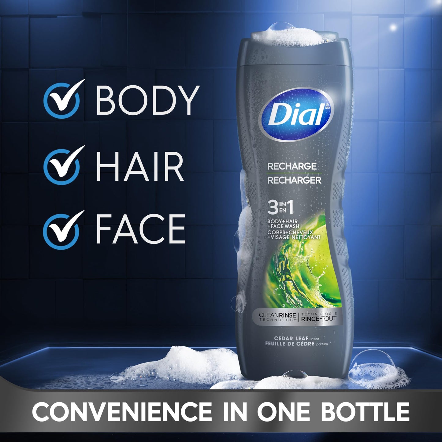 Dial Men 3 in 1 Body, Hair and Face Wash, Recharge, 16 Fl Oz (Pack of 4), Cedar Leaf Scent, Cleanses Deep + Gentle on Skin with Clean Rinse Technology Beauty & Personal Care Dial