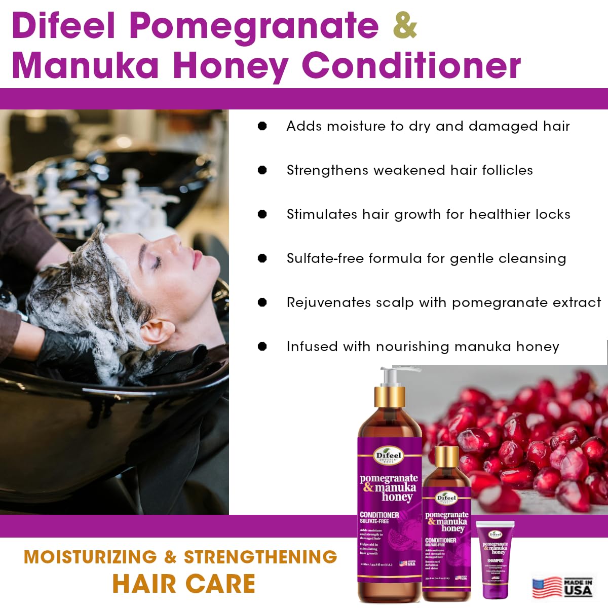 Difeel Pomegranate & Manuka Honey Sulfate-Free Conditioner 33.8 oz. for Dry, Damaged Hair
