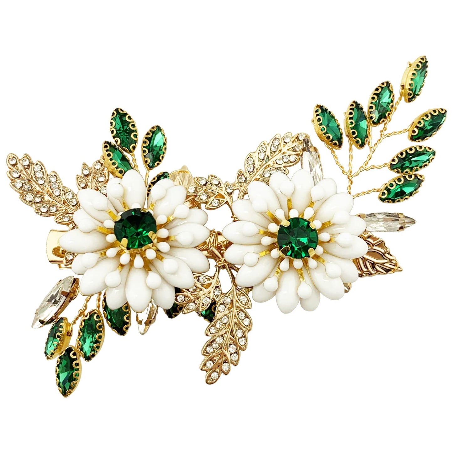 BETITETO Green Bridal Hair Clip White Enamel Flower Gold Leaf Crystal Wedding Hair Vine Piece Accessories for Women Girls (Green) Beauty & Personal Care BETITETO