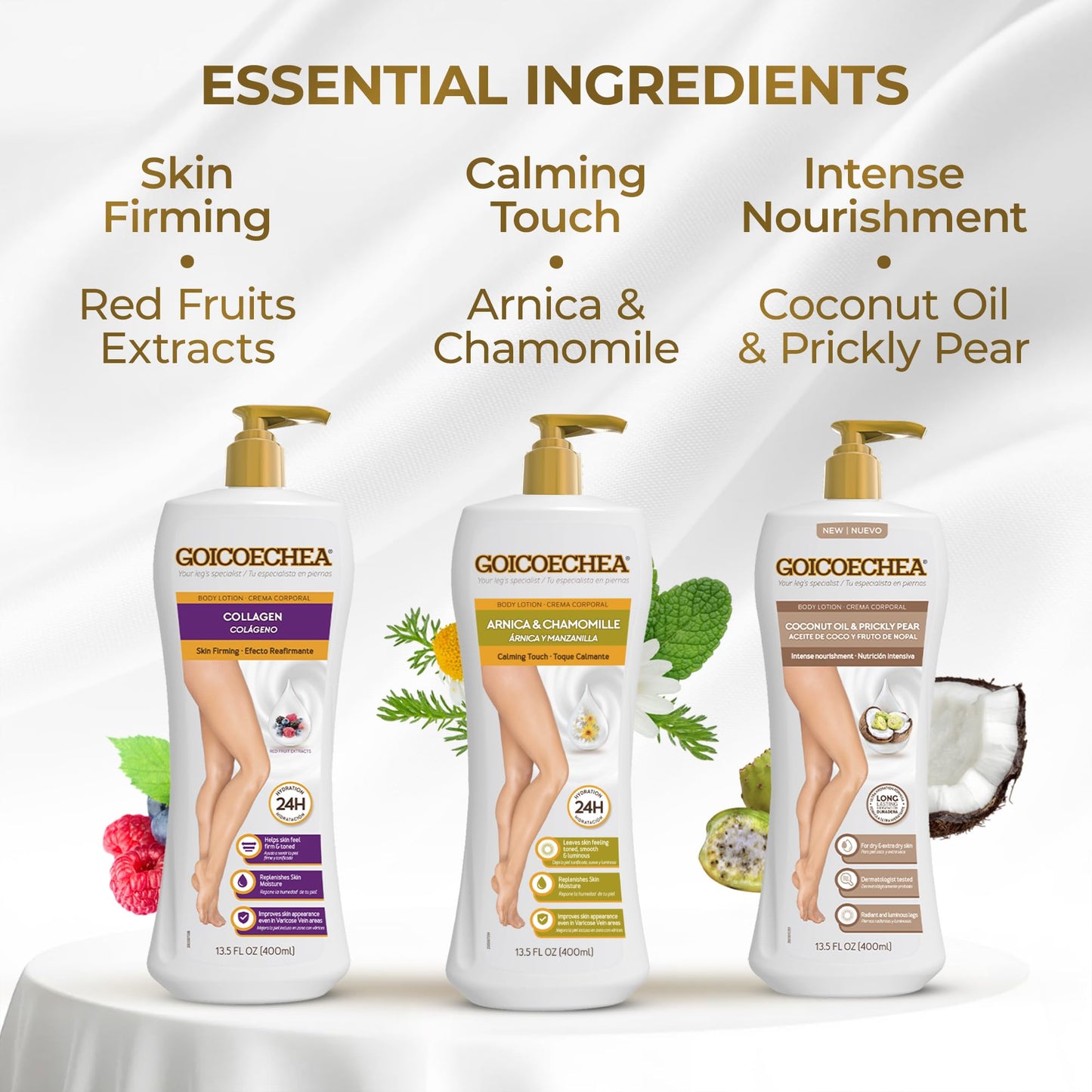 Goicoechea Body Lotion Variety Pack | Arnica & Chamomile for Lighter Legs, Collagen Elastin for Skin Firming, Coconut Oil & Prickly Pear for Dry Skin Beauty & Personal Care Goicoechea