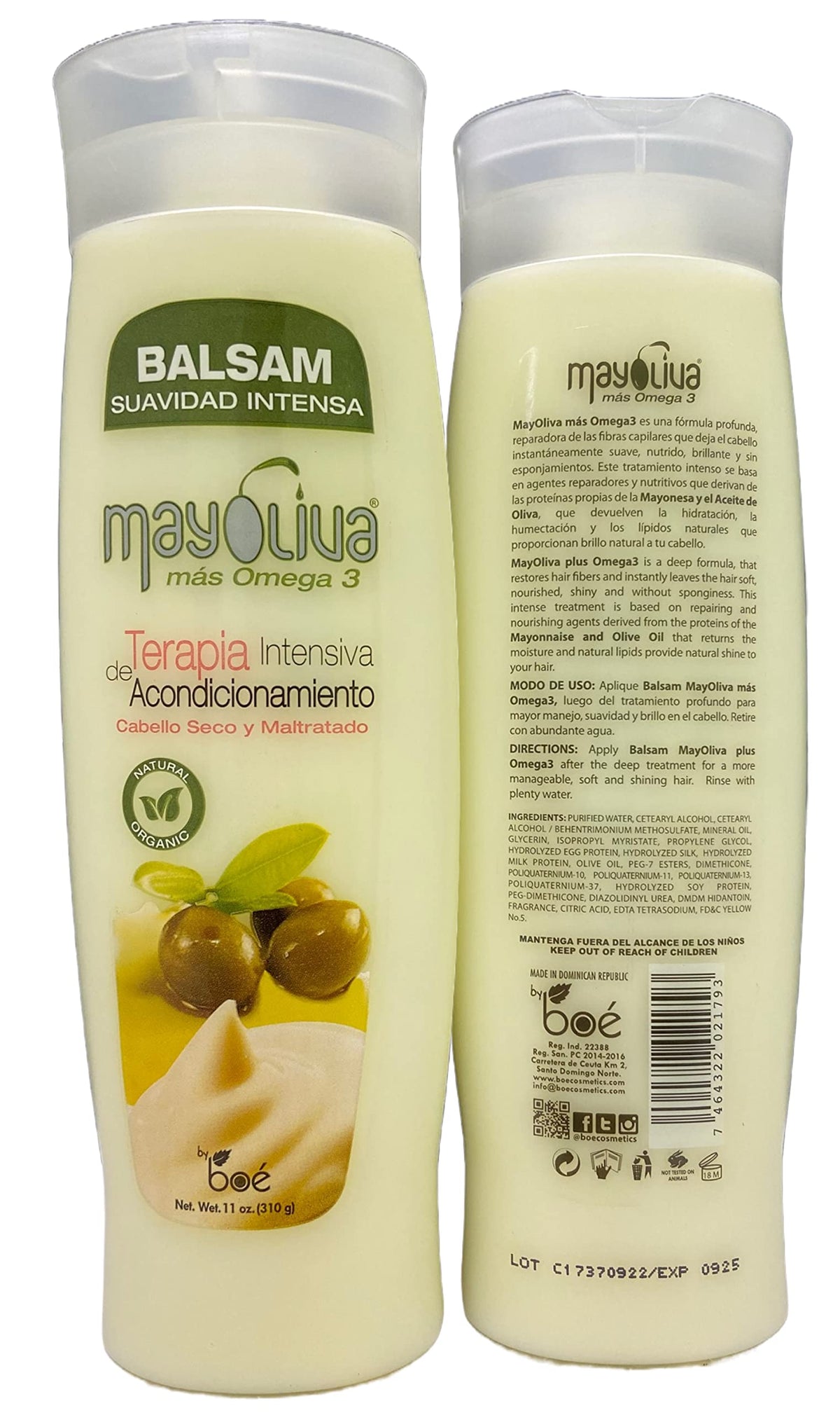 Mayoliva Balsam Suavidad Intensa 11 oz - Deep Conditioning Therapy for Dry & Damaged Hair - Omega 3, Mayonnaise & Olive Oil - Instantly Softens,