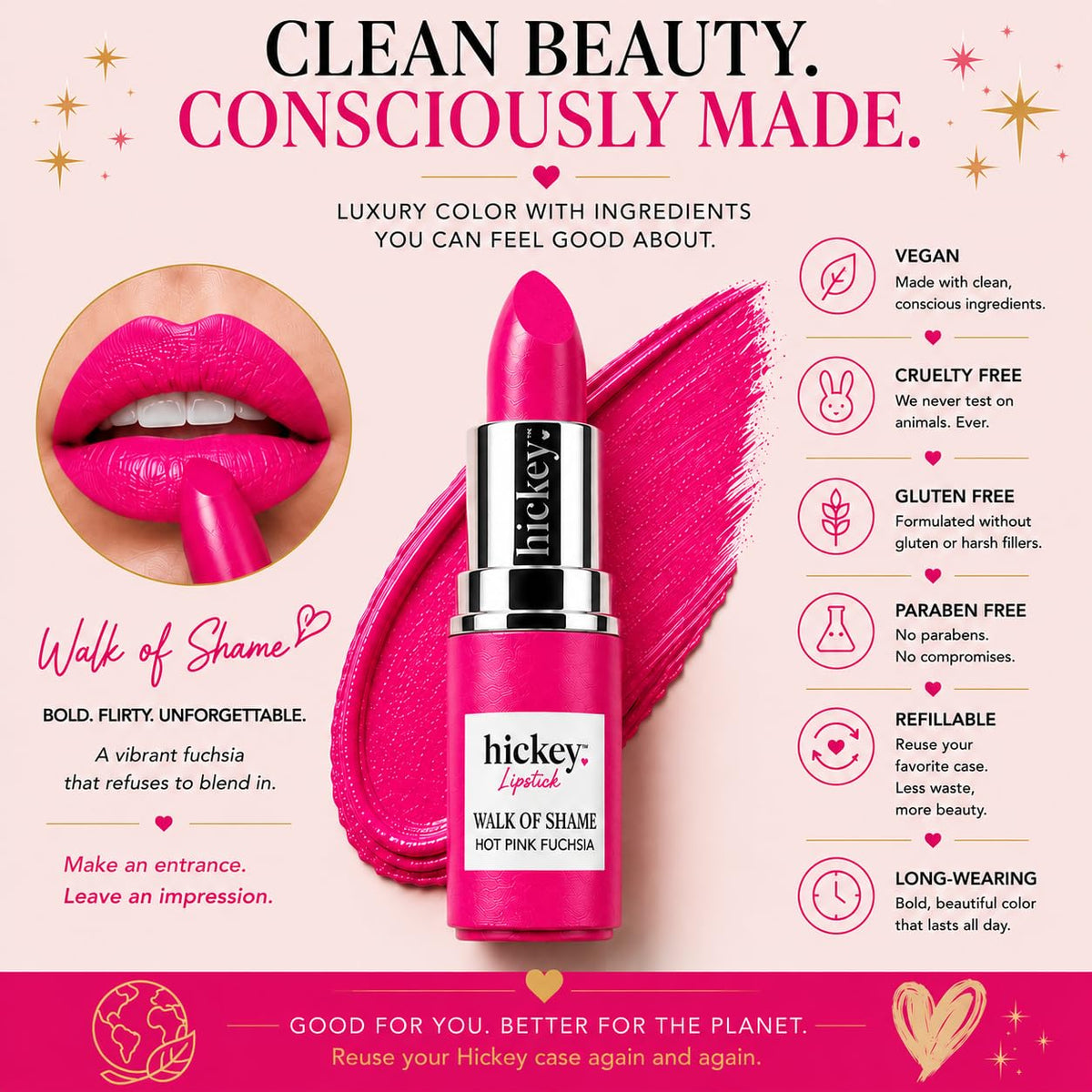 Hickey Lipstick Refill - Walk of Shame (Hot Pink) - Hydrating Formula with Jojoba Oil, Long Lasting Velvet Finish Formula - Vegan & Gluten-Free