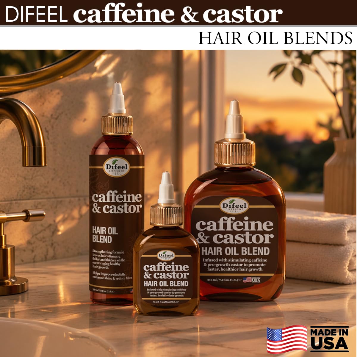 Difeel Caffeine & Castor Hair Oil Blend for Thicker, Fuller-Looking Hair 8 oz. - Nourishing Scalp & Hair Oil Treatment, Strengthens Moisture Retention