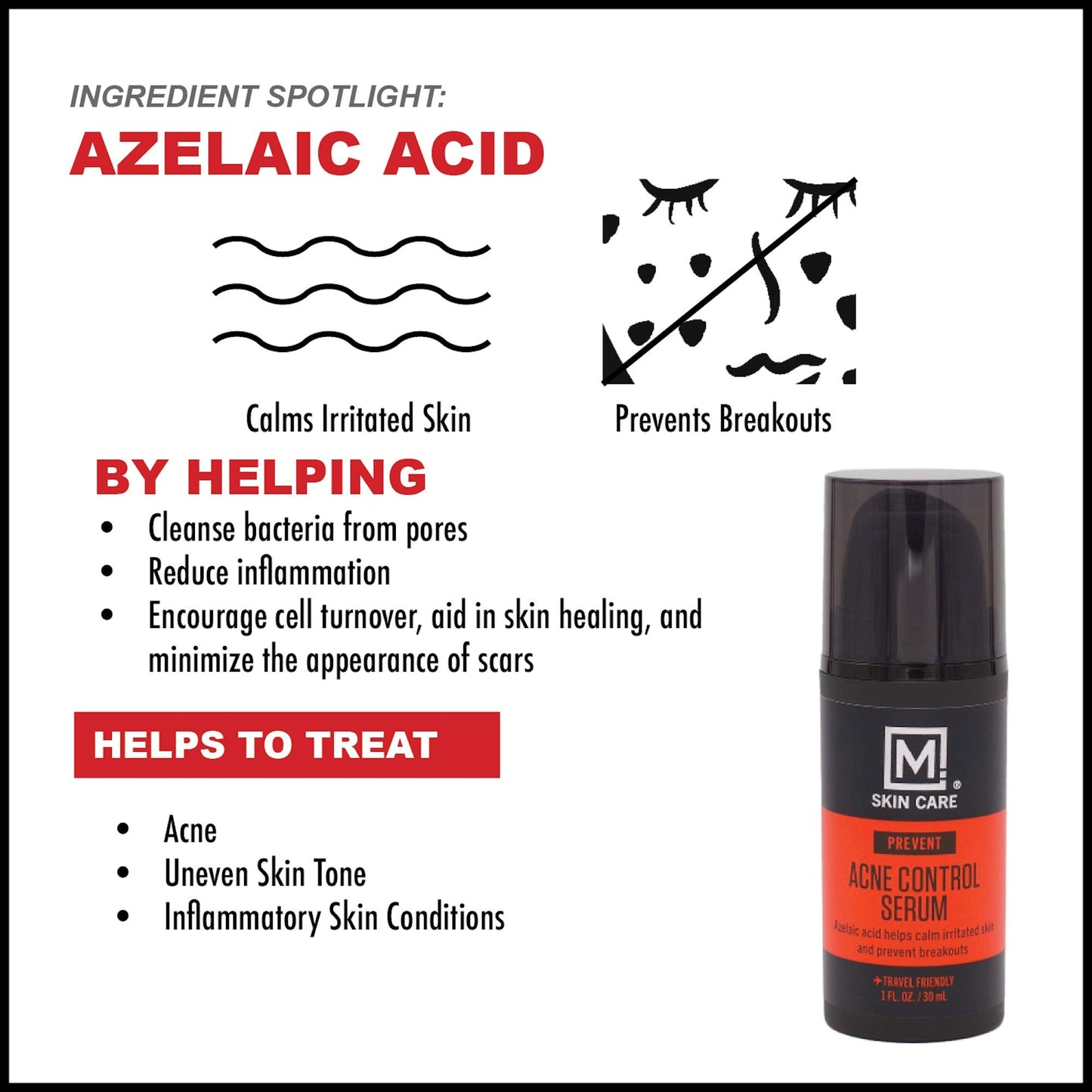 M. Skin Care Prevent Acne Control Facial Serum for Men, Azelaic Acid, Soothing Aloe Leaf Juice, Cruelty Free Beauty & Personal Care M Skin Care