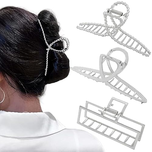 3pcs Hair Claw clips for Women, Metal Silver Large Hair clips for Thick Thin Hair, Geometric Cross Square Jumbo Catch Barrette Clamps, Fashion Hair Beauty & Personal Care RAUIMOUR