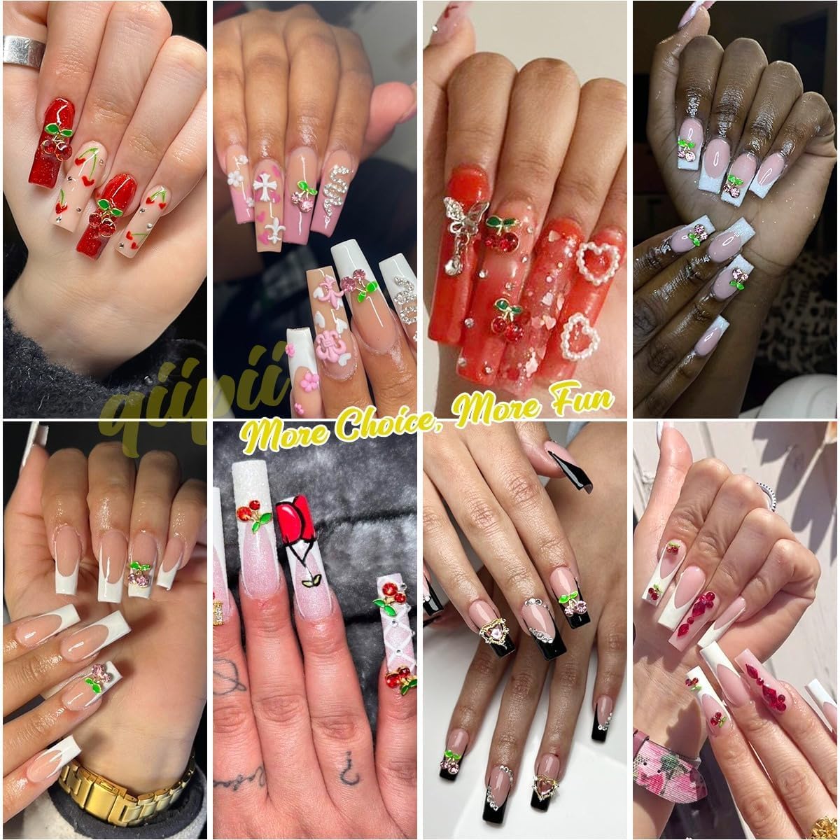 qiipii 42 Pcs 3D Cherry Nail Charms Heart Planet Star Lips Valentines Day Charms for Nails Kawaii Nail Rhinestones Gems Studs Cute Shiny Diamonds