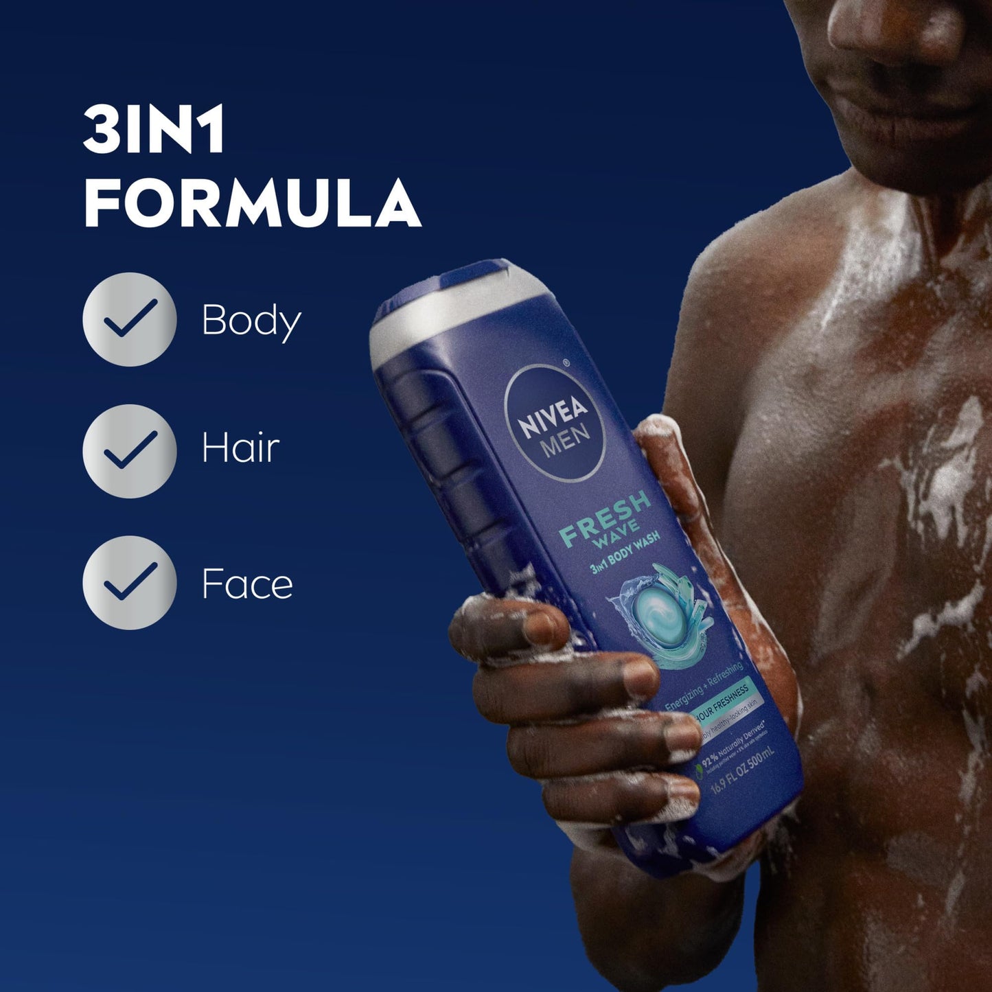 NIVEA MEN Fresh Wave Body Wash with Menthol, Refreshing Scent, 3-in-1 Men's Body Wash, Face and Hair, Paraben Free, Vegan Formula, 16.9 Fl Oz Bottle Beauty & Personal Care NIVEA MEN