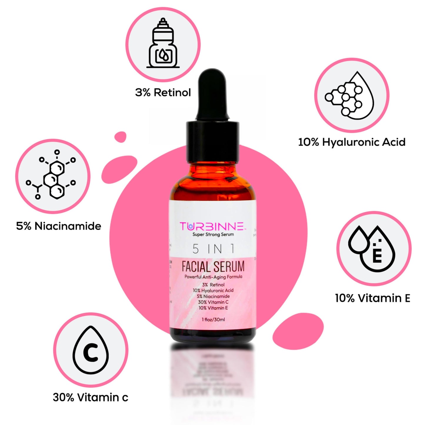 TURBINNE 5 In 1 Overnight Facial Serum. 5 Powerful Serums. Retinol, Hyaluronic Acid, Niacinamide, Vitamin C & E. Powerful Anti-Aging, Reduce Wrinkles Beauty & Personal Care TURBINNE