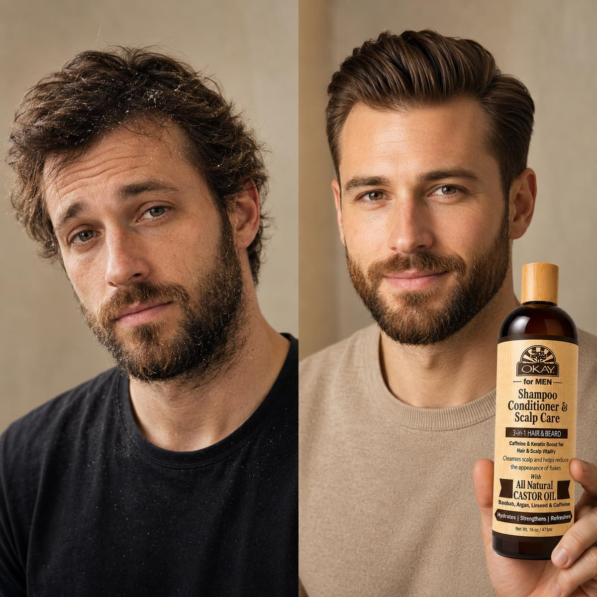 OKAY-MEN 3 in 1 Shampoo and Conditioner - Castor Oil Shampoo and Conditioner, Beard Wash, Clarifying Treatment for Dry Damaged Hair, Dandruff, Curly