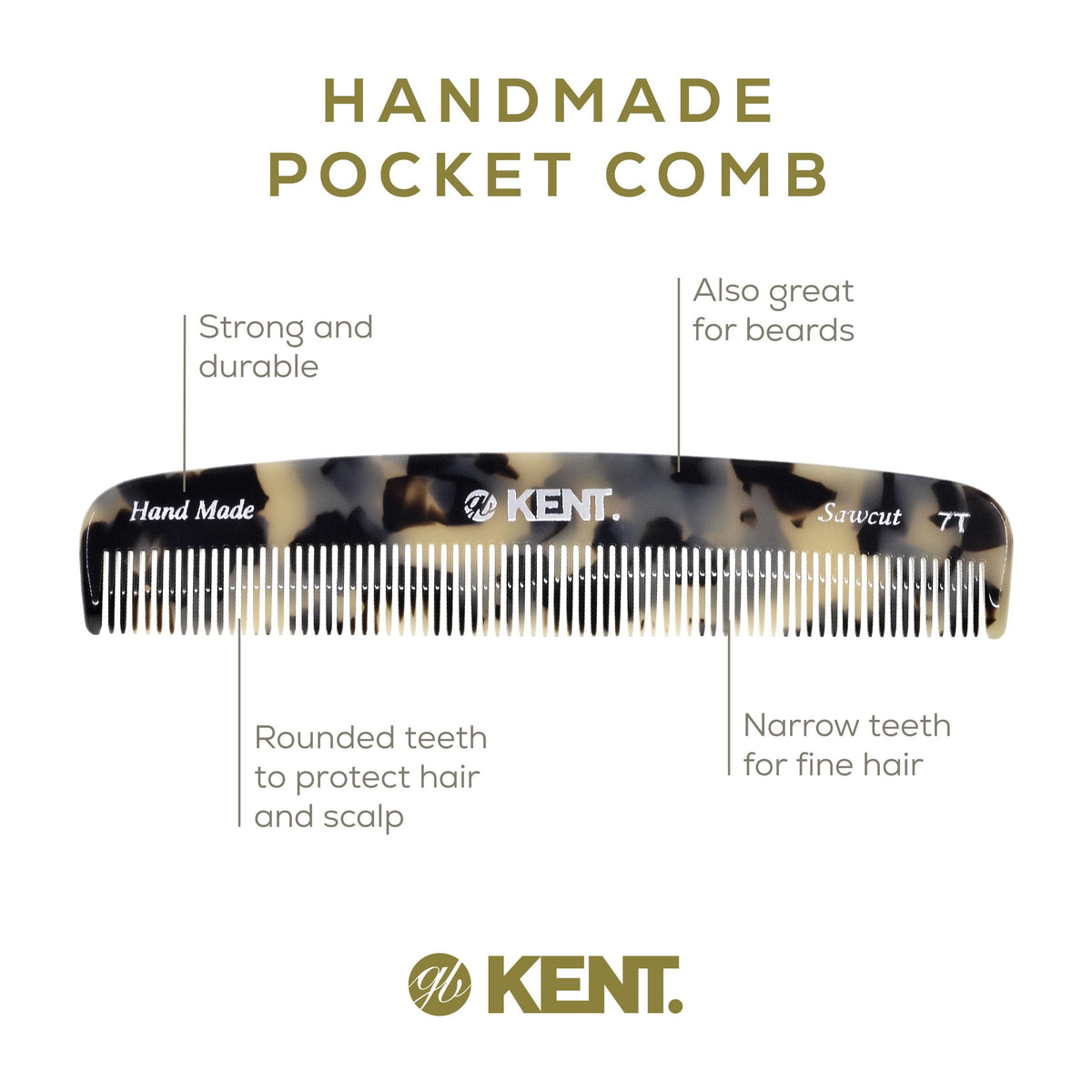 Kent 7T TW Handmade All Fine Tooth Pocket Comb for Men, Hair Comb Straightener for Everyday Grooming Styling Hair, Mustache and Beard, Use Dry or with