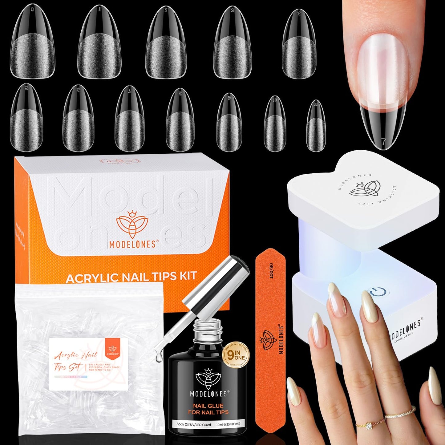 modelones X Nail Gel Kit Medium Almond, 9-in-One Nail Glue with Mini UV Light 216Pcs 12Sizes Pre-Etched Press ons Fake Acrylic Extension Kit DIY Salon Beauty and Personal Care modelones Default Title