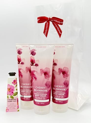 Bath & Body Works Cherry Blossom 4-Piece Gift Set | Includes: Three Ultimate Hydration Body Creams and One Strawberry Pound Cake Hand Cream Beauty & Personal Care Bath & Body Works