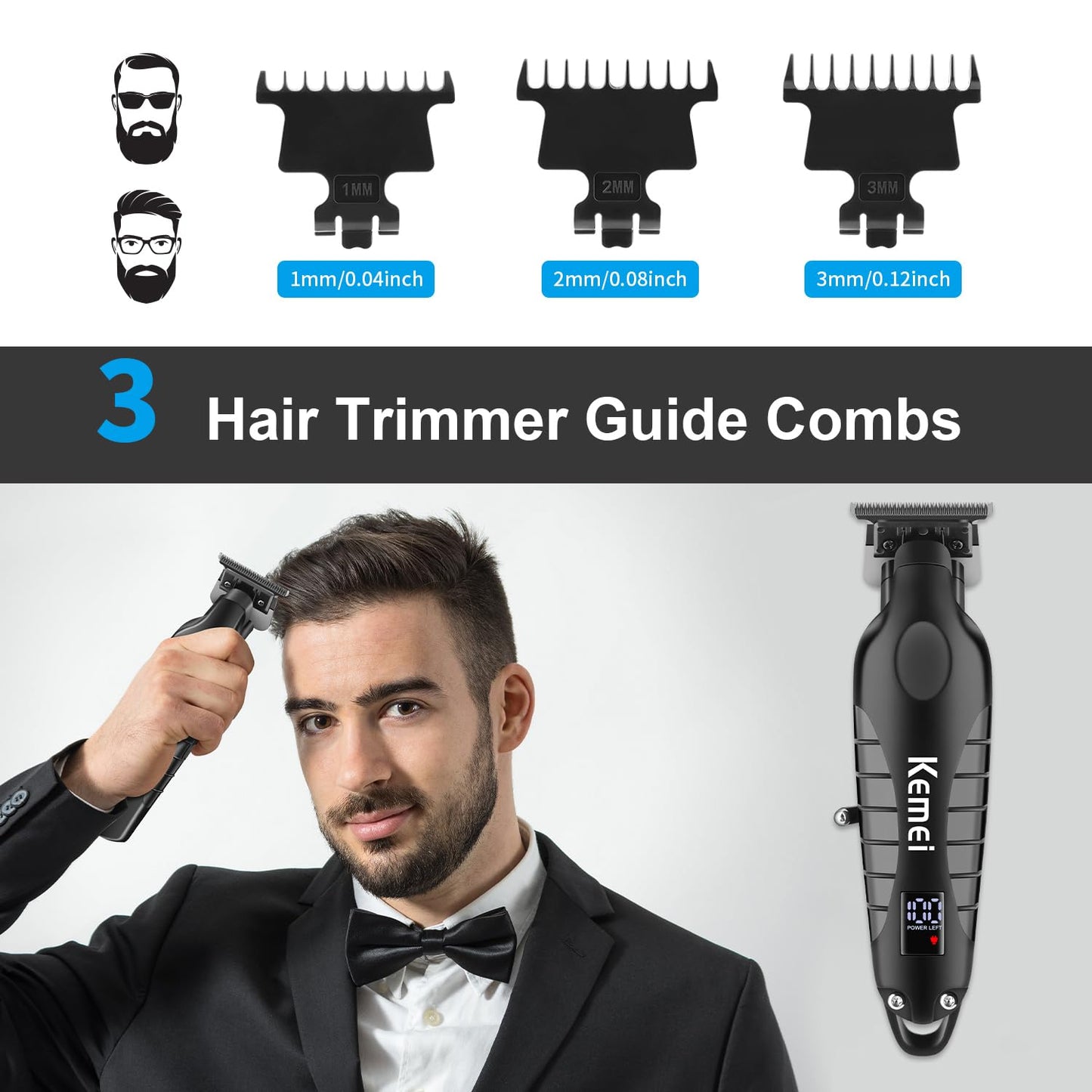 KEMEI Trimmer Professional Cordless Hair Clipper for Men Electric Beard Trimmers Barber Hair Cuttings Kit, Zero Gapped T Blade Trimmers with LCD Beauty and Personal Care KEMEI