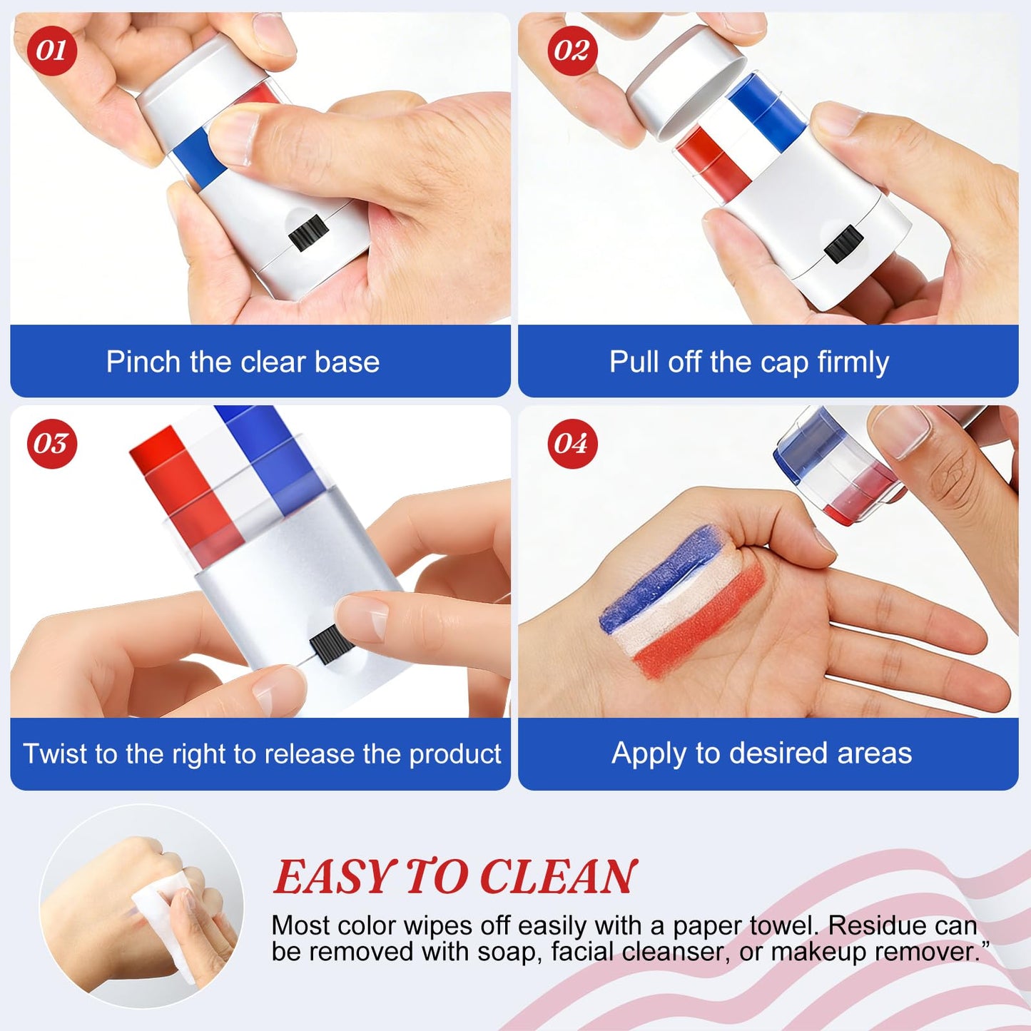 4 Pack Red White Blue Face Paint, USA Flag Color Stripe Stick, Patriotic Face Body Painting for Sports Parties, 4th of July, Parades Accessories Beauty & Personal Care Geodurn