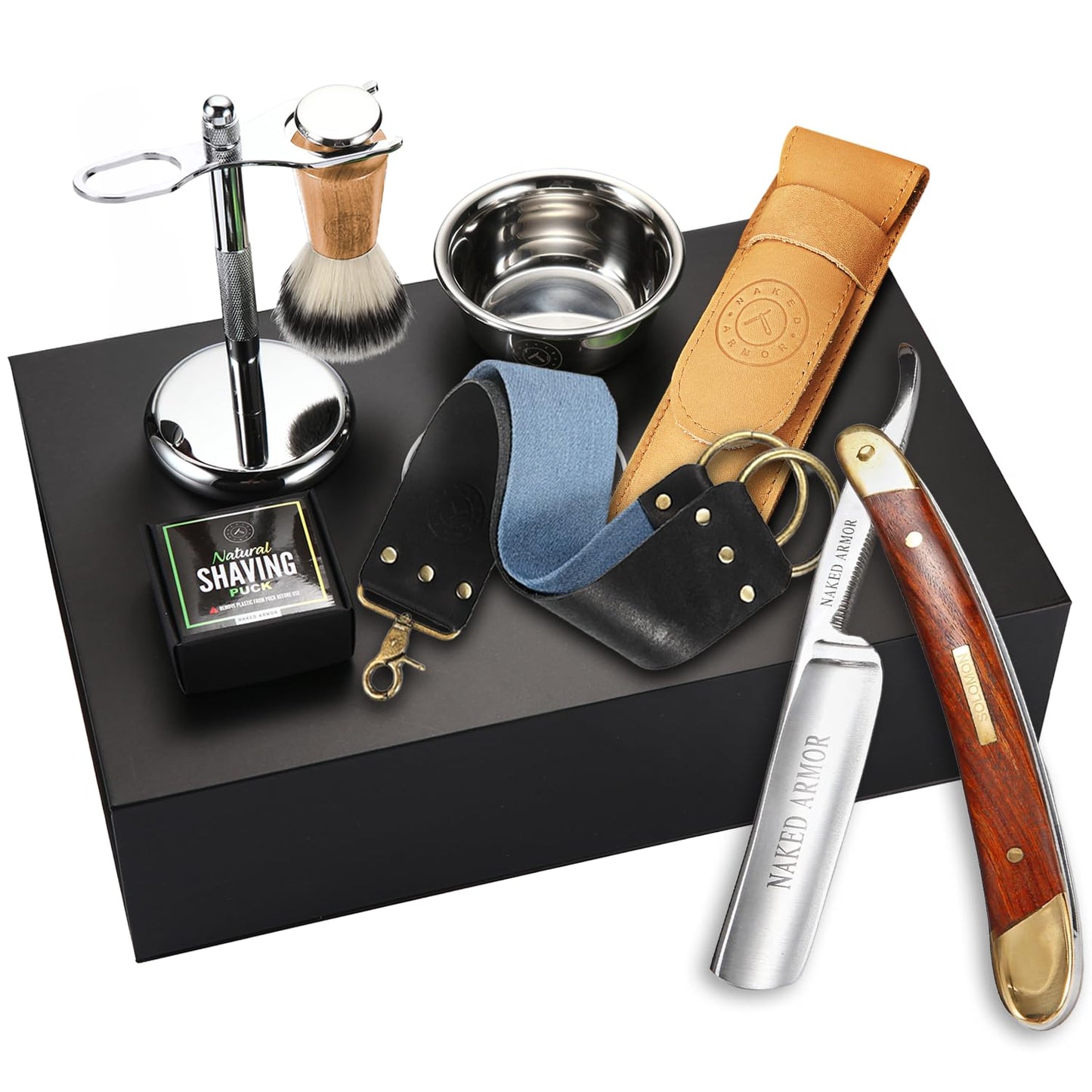 Naked Armor Solomon Straight Razor Kit - Complete Shaving Kit with Shave Ready Straight Razors for Men, Strop, Stand, Soap, Brush, Bowl, Case, Wet Beauty and Personal Care Naked Armor