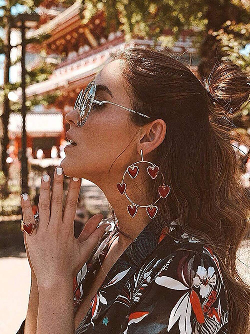 Doubnine Large Hoop Earrings Red Heart Circle 80s Silver Dangle Earrings Wedding Bridal Love Sweet Bohemian Jewelry for Women Girls Beauty & Personal Care Doubnine