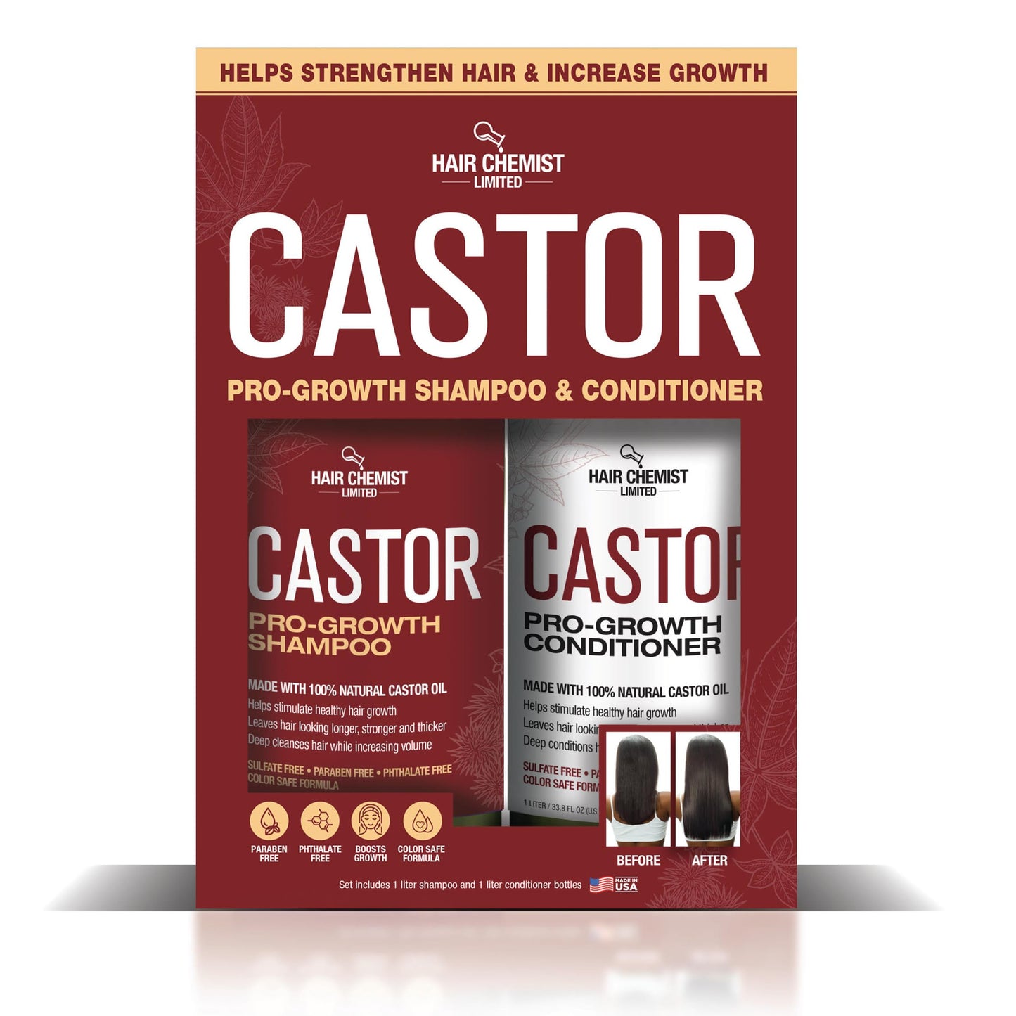 Hair Chemist Castor Pro-Growth Shampoo 33.8 oz. AND Conditioner 33.8 oz. 2-PC Boxed Gift Set - Made with Natural Castor Oil for Hair Growth, Sulfate Beauty & Personal Care Hair Chemist
