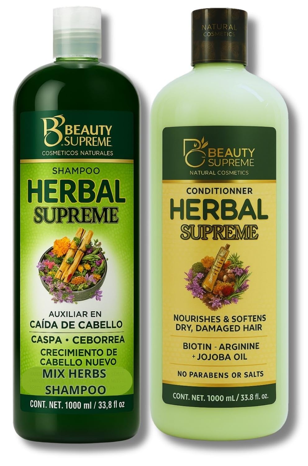 Herbal Shampoo + Conditioner Combo,1000 ml(33.8 fl oz)Each-W/Tepezcohuite,Nettle, Aloe Vera (Sábila),Neem, Rosemary,Horsetail & More-Natural Botanical Beauty & Personal Care HIGH SUPREME