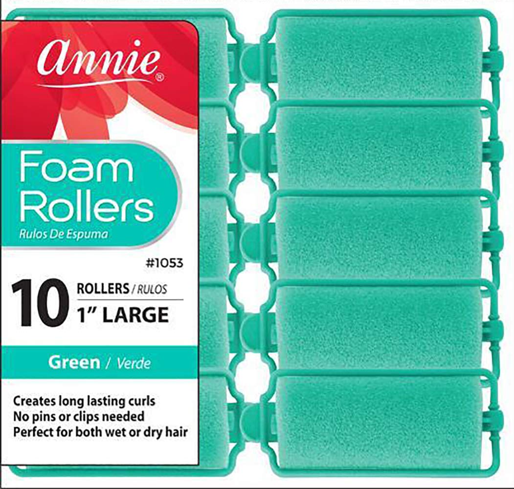 Annie Foam Hair Rollers Large 1 Inch, 10 Count Green Soft Sponge Curlers for Heatless Curls & Waves, No Pins or Clips Needed, For Wet or Dry Hair,
