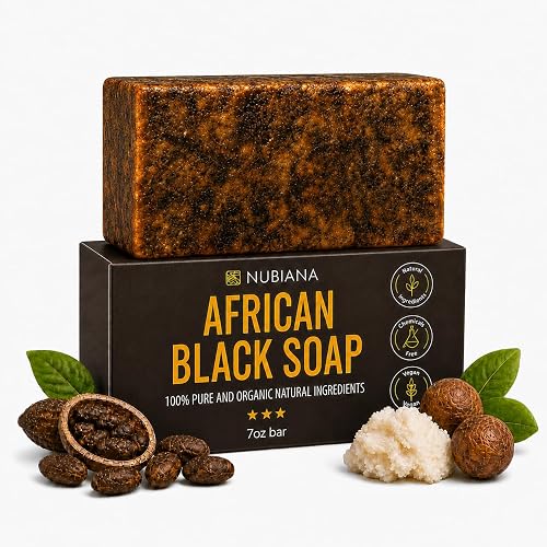 Nubiana Raw African Black Soap Bar 7 oz, Pure Natural 100% Authentic Black African Soap Handmade in Ghana with Unrefined Shea Butter, Cocoa Pod Ash Beauty & Personal Care Nubiana