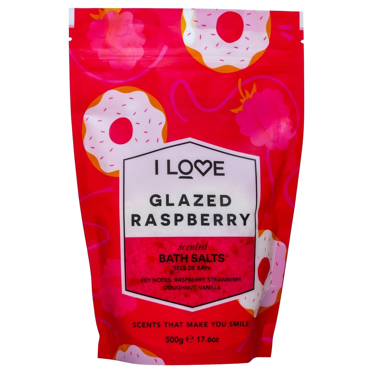 I Love Glazed Raspberry Scented Bath Salts - Soothing, Hydrating Bath Soak - Relaxing Bath Salts with Raspberry Donut Scent - Skin-Softening - 17.6 oz Beauty and Personal Care I LOVE