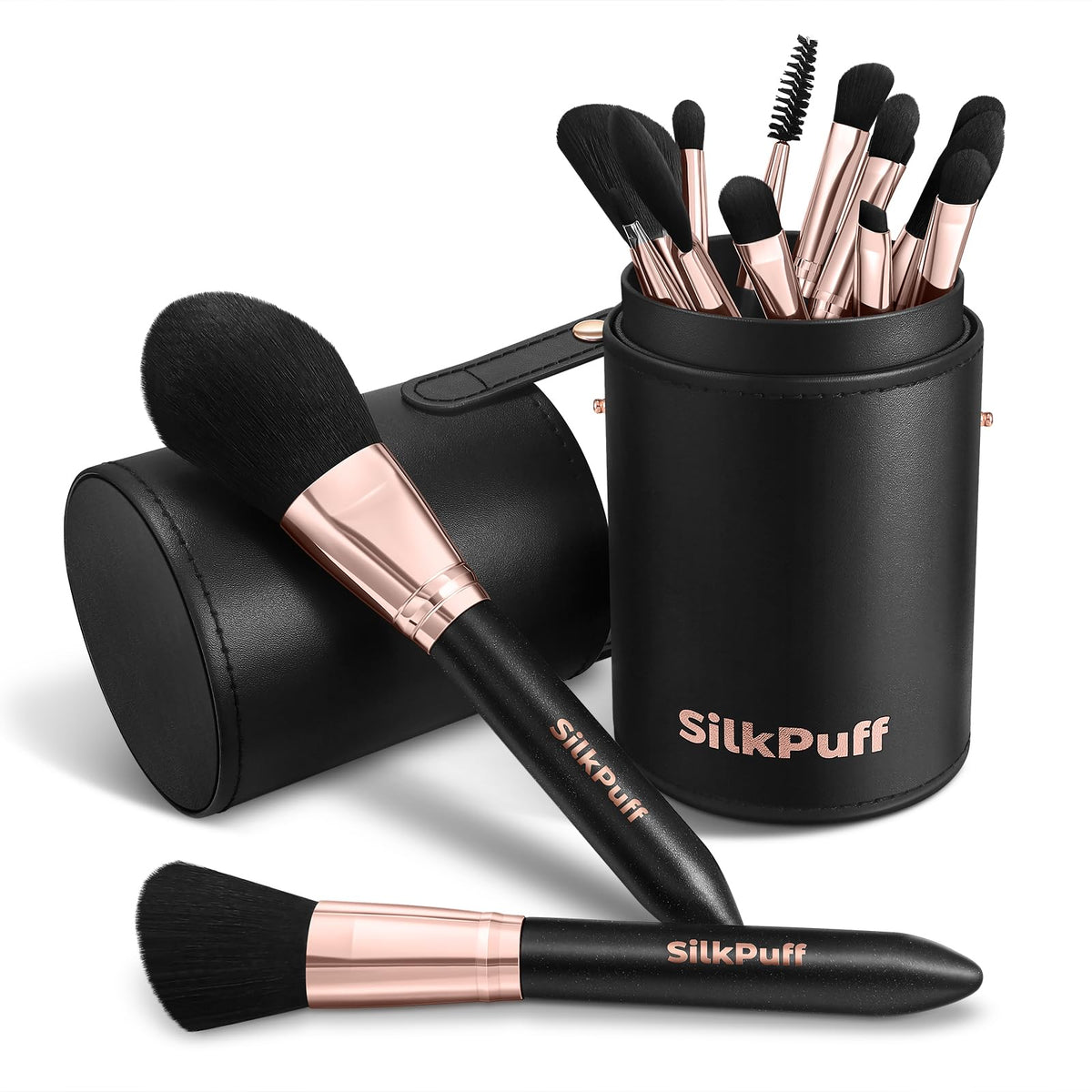 Silkpuff Makeup Brushes Set 15 Pcs Professional, Travel Makeup Brushes With Brush Case, Pearlescent Wood Handle, Premium Cruelty-Free Synthetic Fiber