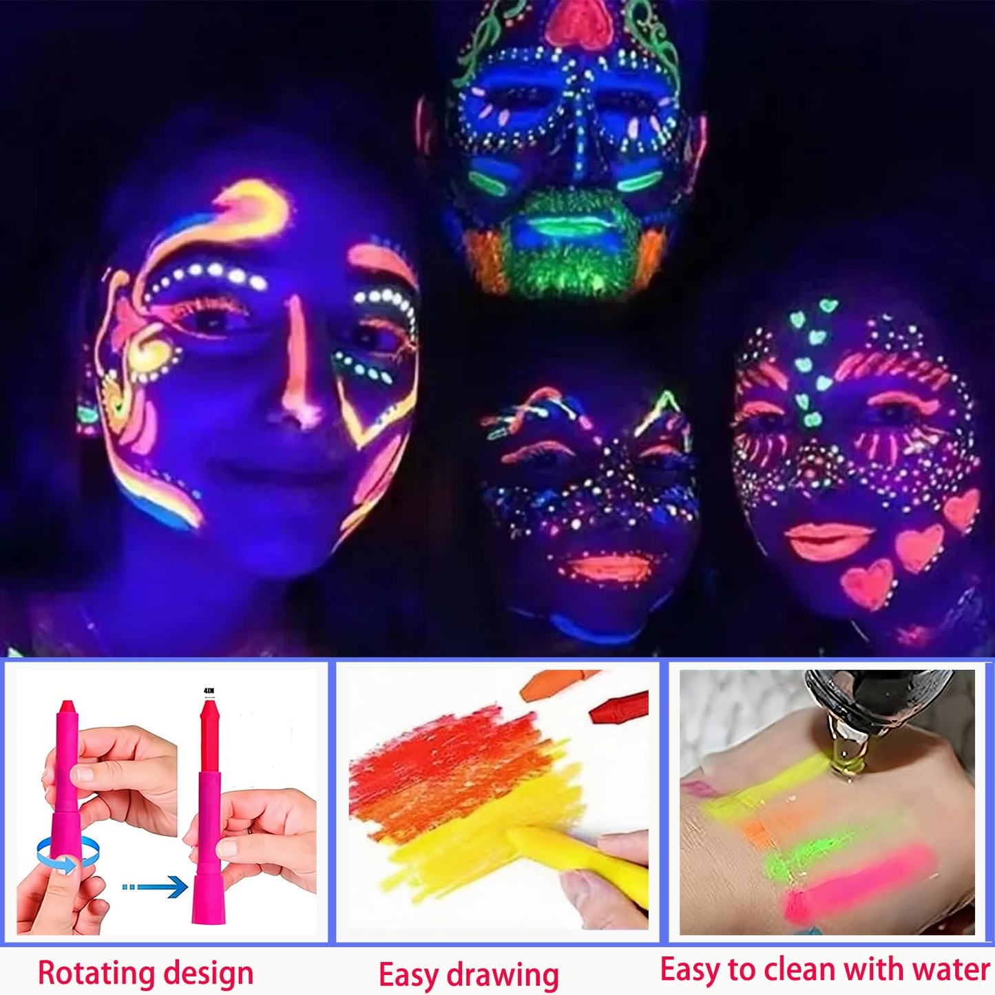Glow In The Dark Body Paint, 6 PCS Glow In The Dark Under Uv Black Light Sticks Makeup Neon Face Painting Kits For Adult Halloween Festival Accessory Beauty & Personal Care YLOGUY