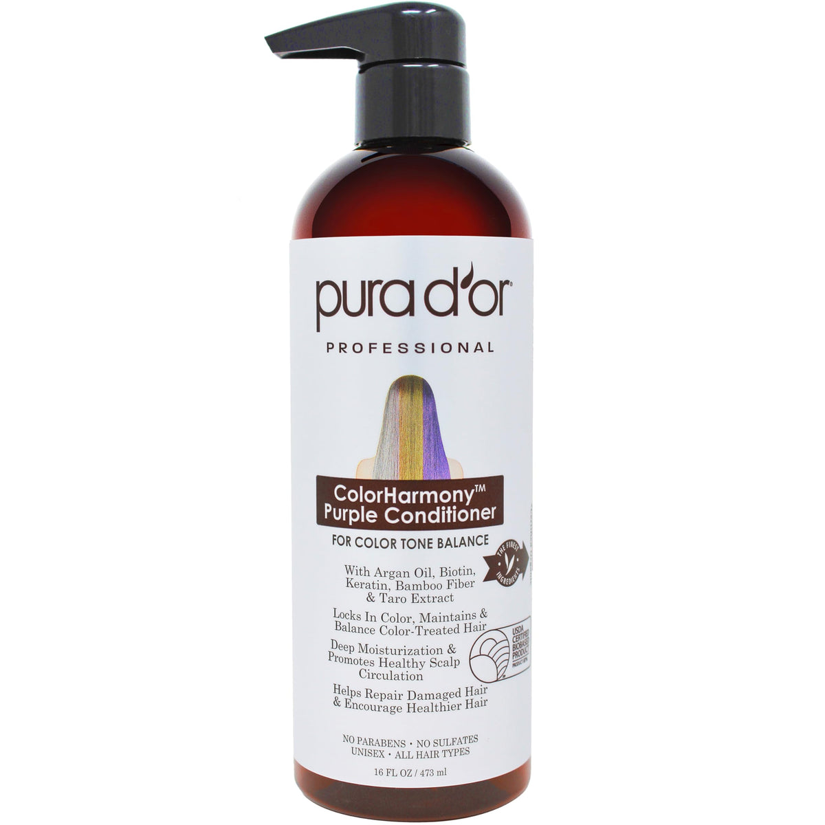 PURA D'OR 16 Oz ColorHarmony Purple Conditioner For Bleached, Blonde, Silver & Color Treated Hair - Keratin, Bamboo Fiber, No Sulfates, Select Natural