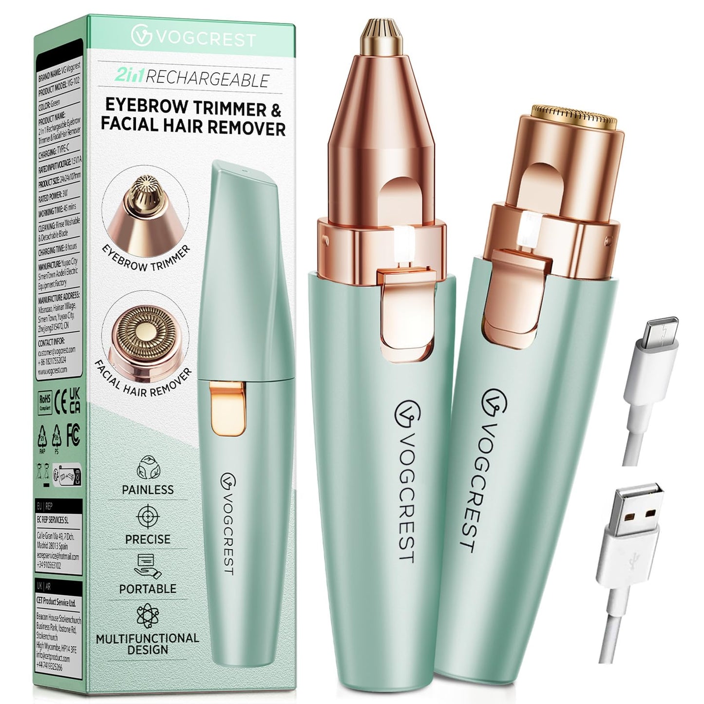 VG VOGCREST Eyebrow Facial Trimmer: 2 in1 Rechargeable Facial Hair Removal and Eyebrow Shaver - Face Lips Body Painless Facial Razor with Built-in LED Beauty and Personal Care VG VOGCREST