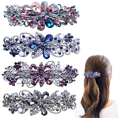 4 PCS Hair Barrettes for Women Ladies, Flower Crystal Rhinestones Barrette Pearl Spring Hair Clip Accessories Women Fashion Ponytail Holders Barrette Beauty & Personal Care GeoGeoDIY