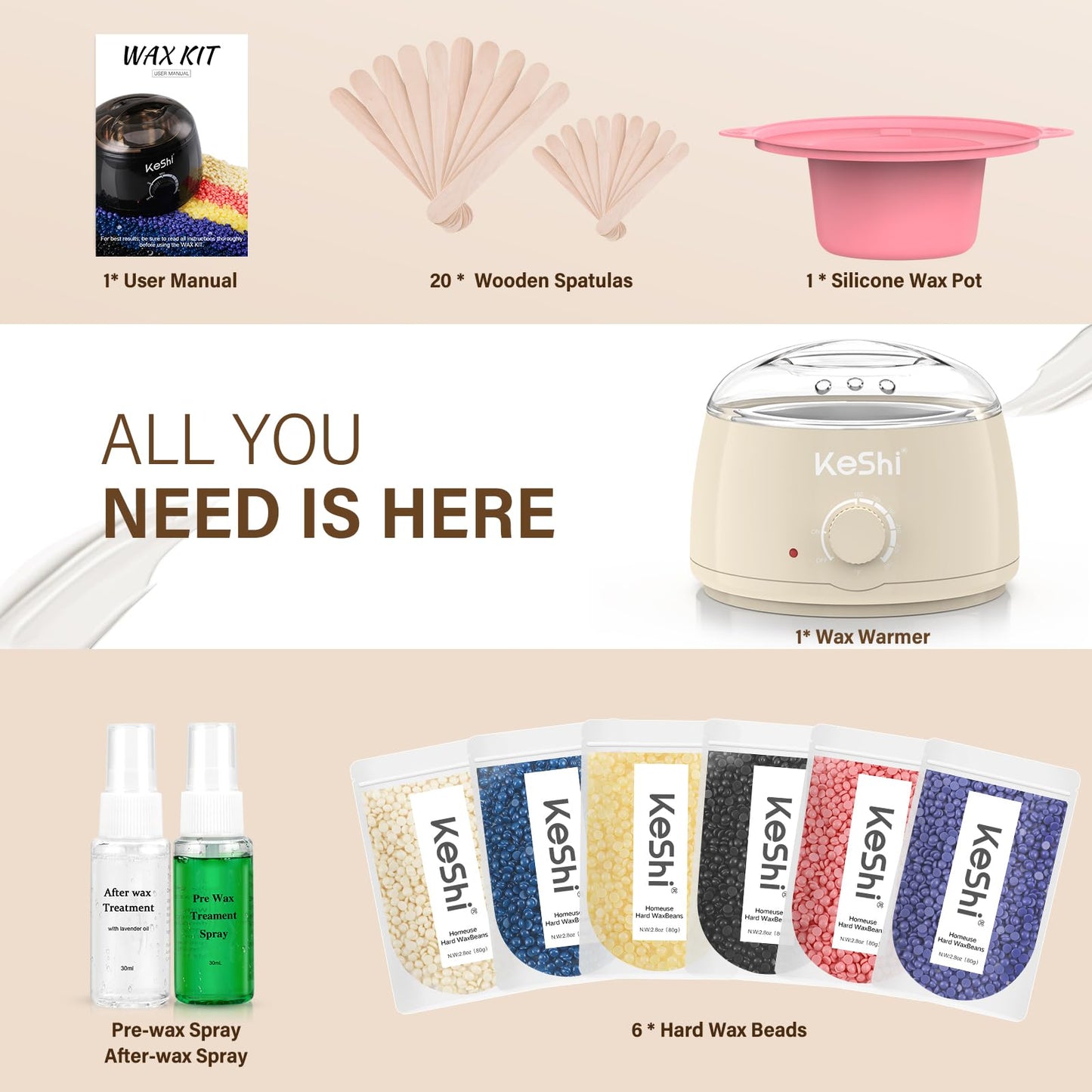 KeShi Waxing Kit, Painless Hair Removal Wax Warmer with 6 Bags Wax Beans(Ivory) Beauty and Personal Care KeShi